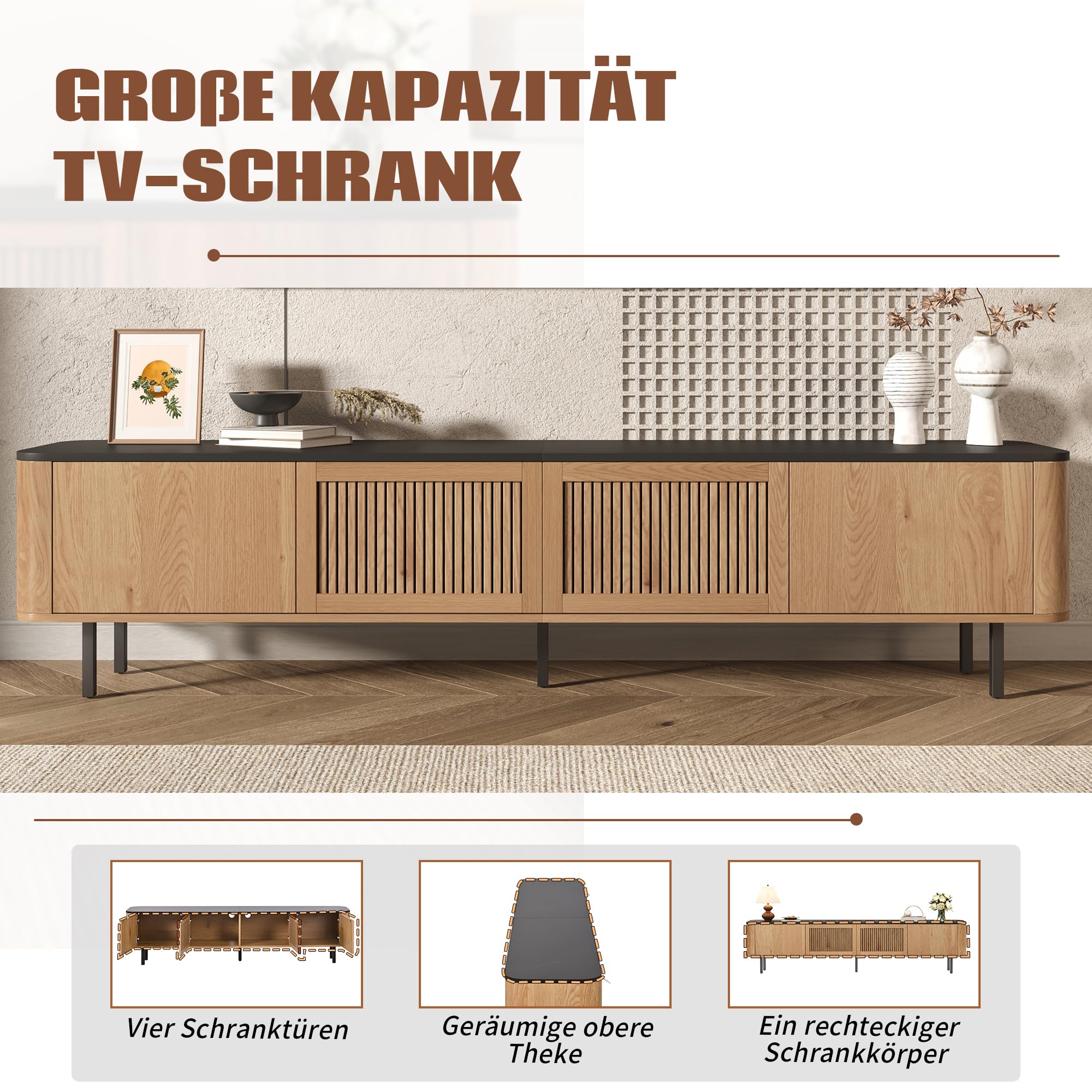190cm TV Lowboard mit Gittertür-Design, TV Schrank mit Großer Stauraum, Fernsehschrank mit Eisenbeine, TV Board, Fernseher Schrank für Wohnzimmer, Hobbyraum und Arbeitszimmer, Eichenholzfarbe