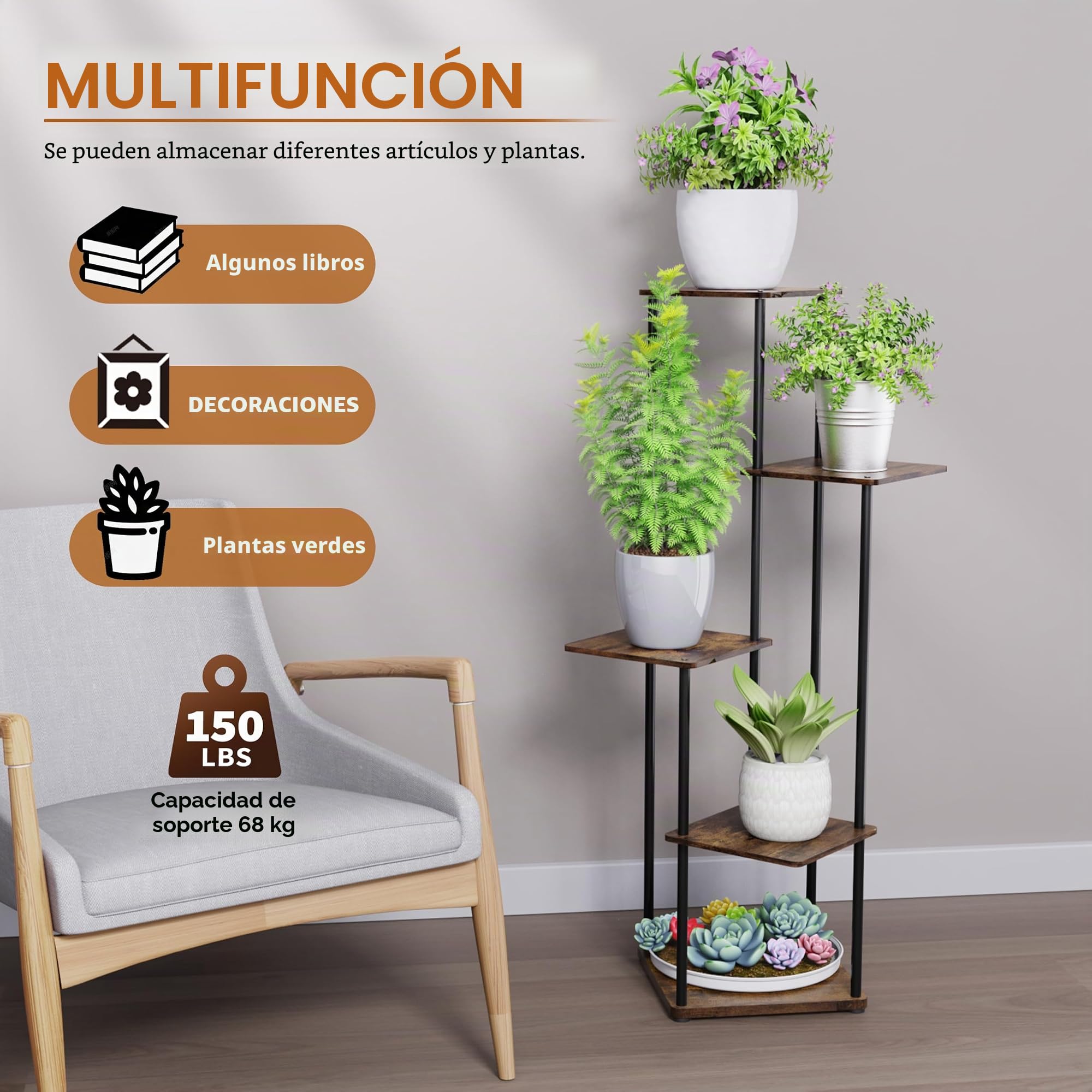 Estantería Plantas Interior, Soporte Macetas de Metal, Soporte Plantas de 5 Niveles para Múltiples Plantas, Patio, Jardín, Sala de Estar, Esquinero, Decoración Hogar Plant Tier Stand (Marrón)