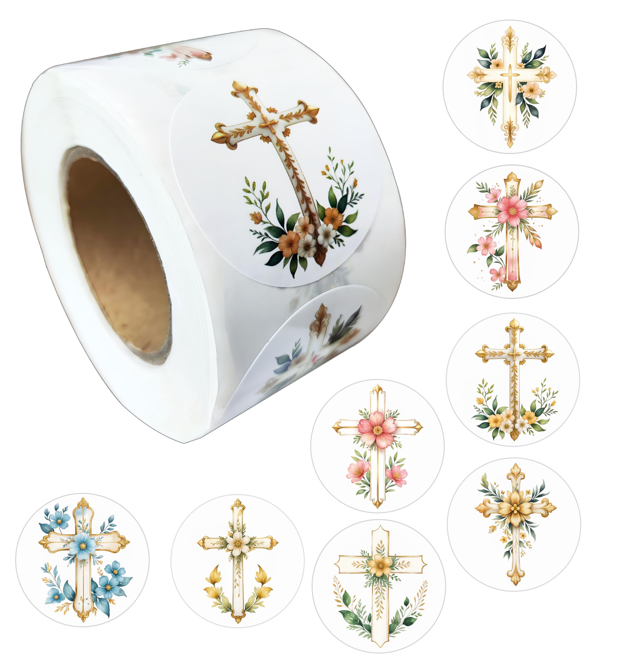 Cross Stickers, 1.5 inch 500pcs Self-Adhesive Religious Stickers 8 Floral Round Labels for Baptism Party, Envelope Seals, Christian, Scrapbooking