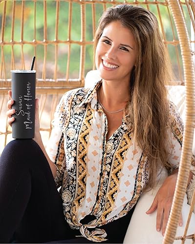 Miniatura 5 de AVITO Vaso personalizado grabado con láser, vaso delgado de acero inoxidable de 20 onzas, incluye popote y tapa, aislado al vacío, regalo