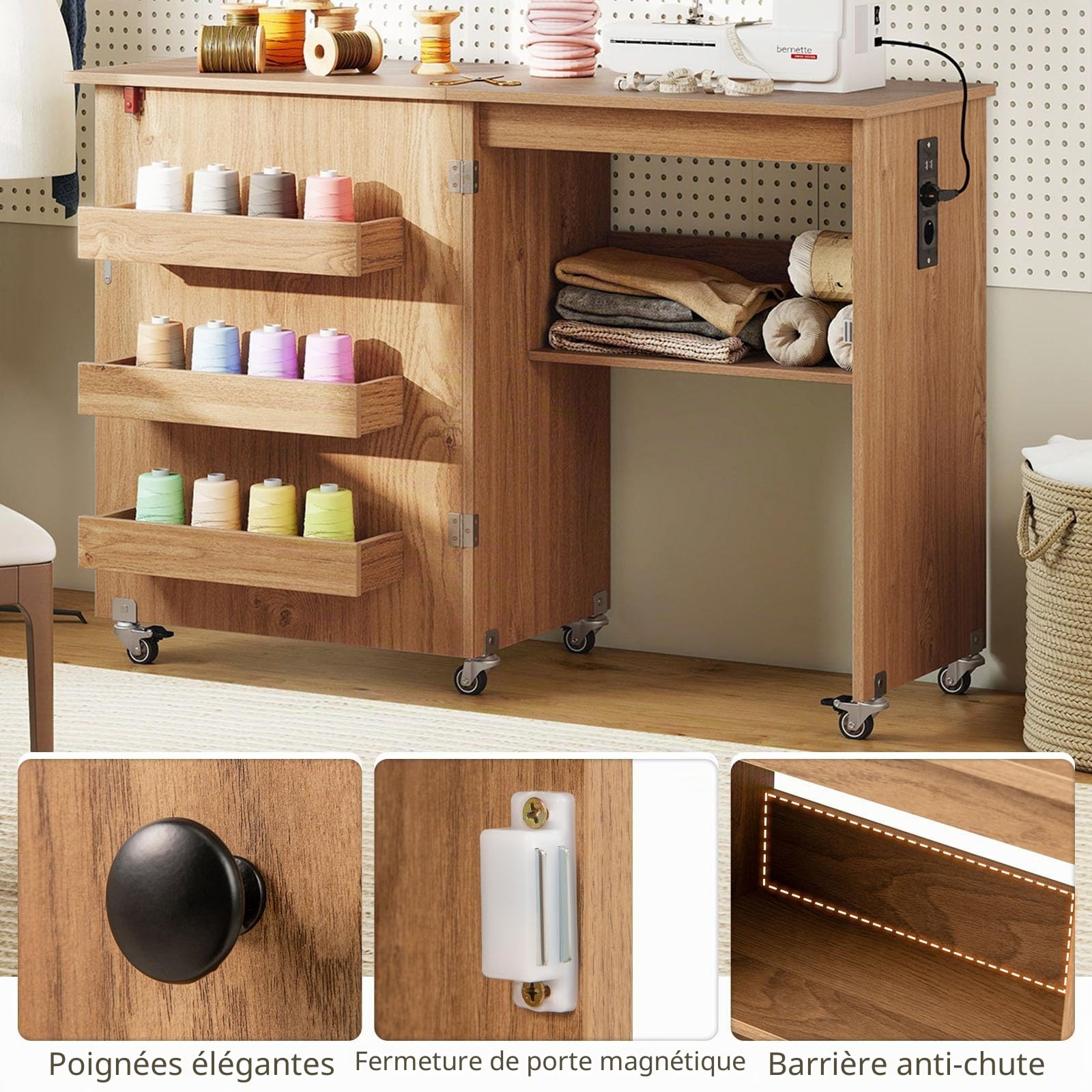 LIFEZEAL Table de Couture Pliable avec Station de Charge, Armoire Mobile pour Machine à Coudre avec étagère et tiroirs, Armoire à Couture multifonctionnelle, avec roulettes, pour la Maison (Naturel)