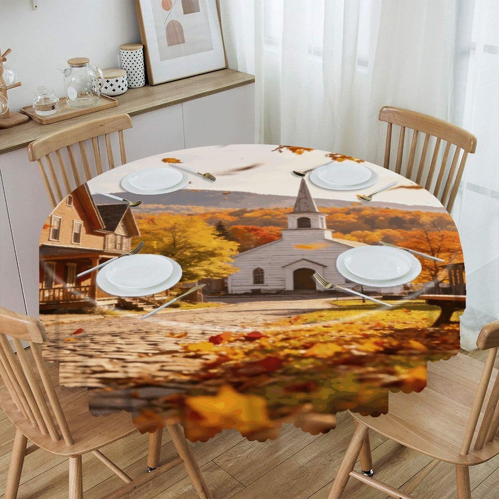 Khauerbc Style Autumn Town Round Tablecloths,Spill Proof,Polyester Fabric Washable Table Cloth Cover For Dining Wedding And Outdoor,Soft Toching And Easy Clean