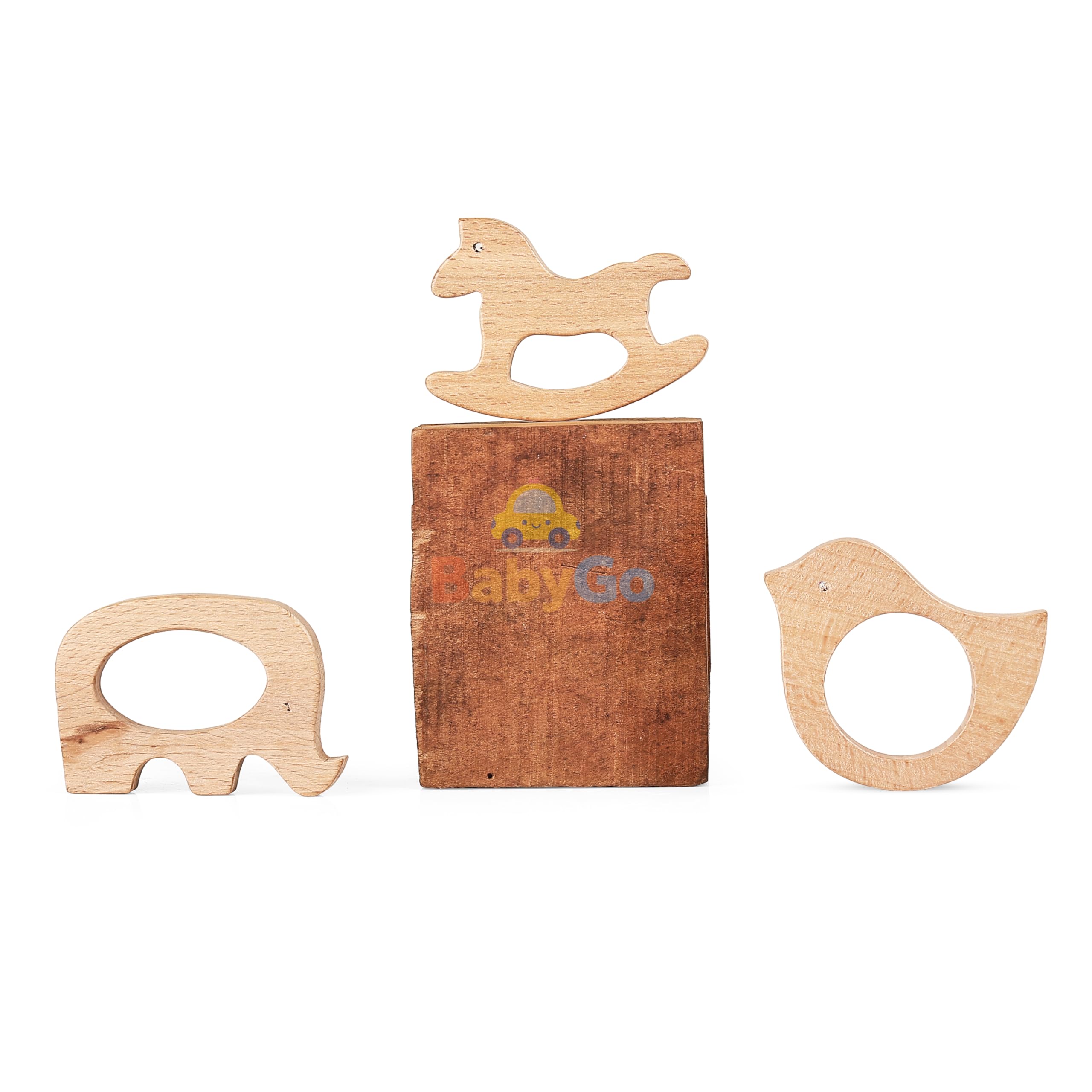 BabyGo Wooden Baby Teether Combo | Natural Beech Wood Animal Shape Toy, Handmade & Eco-Friendly | Safe & Gentle Gum Soother, Biodegradable Wooden Teething Relief Toys (Pack of 3) 4