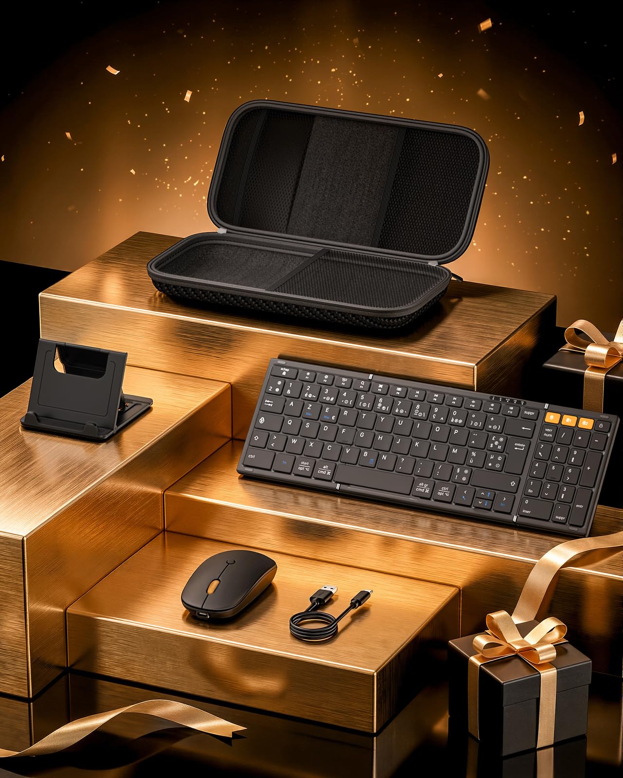 MoKo Clavier Souris sans Fil Pliable, AZERTY Clavier Bluetooth Portable | 2.4G+Dual BT5.0, avec Pavé Numérique, Recharge via USB-C, Coque de transport, pour Affaires et Voyages, pour Tablette iPad PC