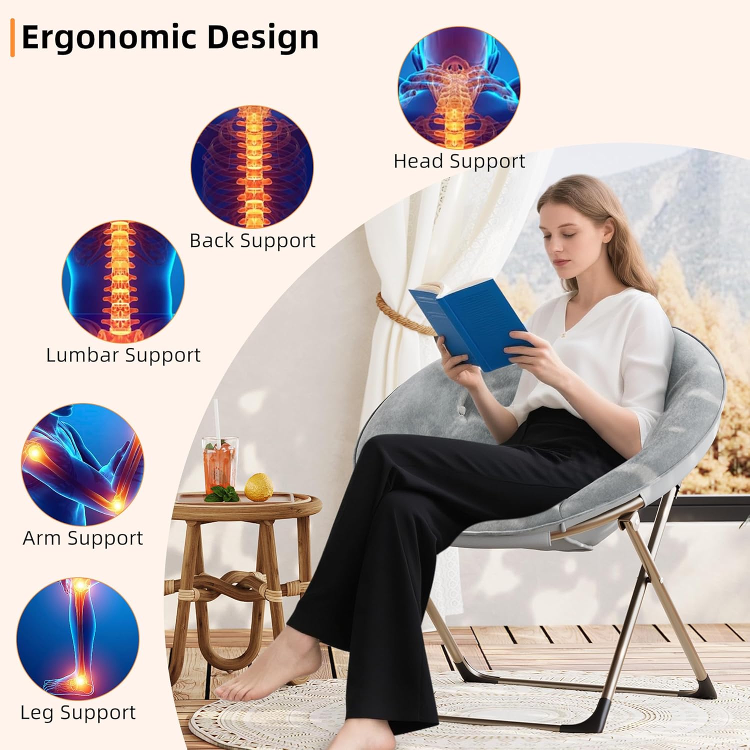 GAOMON Saucer Chair, Comfy Chair Faux Fur Lounge Moon Chair with Folding Metal Frame, Oversized Plush Flower Accent Seat for Adults, Teens & Kids, for Teens, Bedroom, Dorm or Living Room, Grey