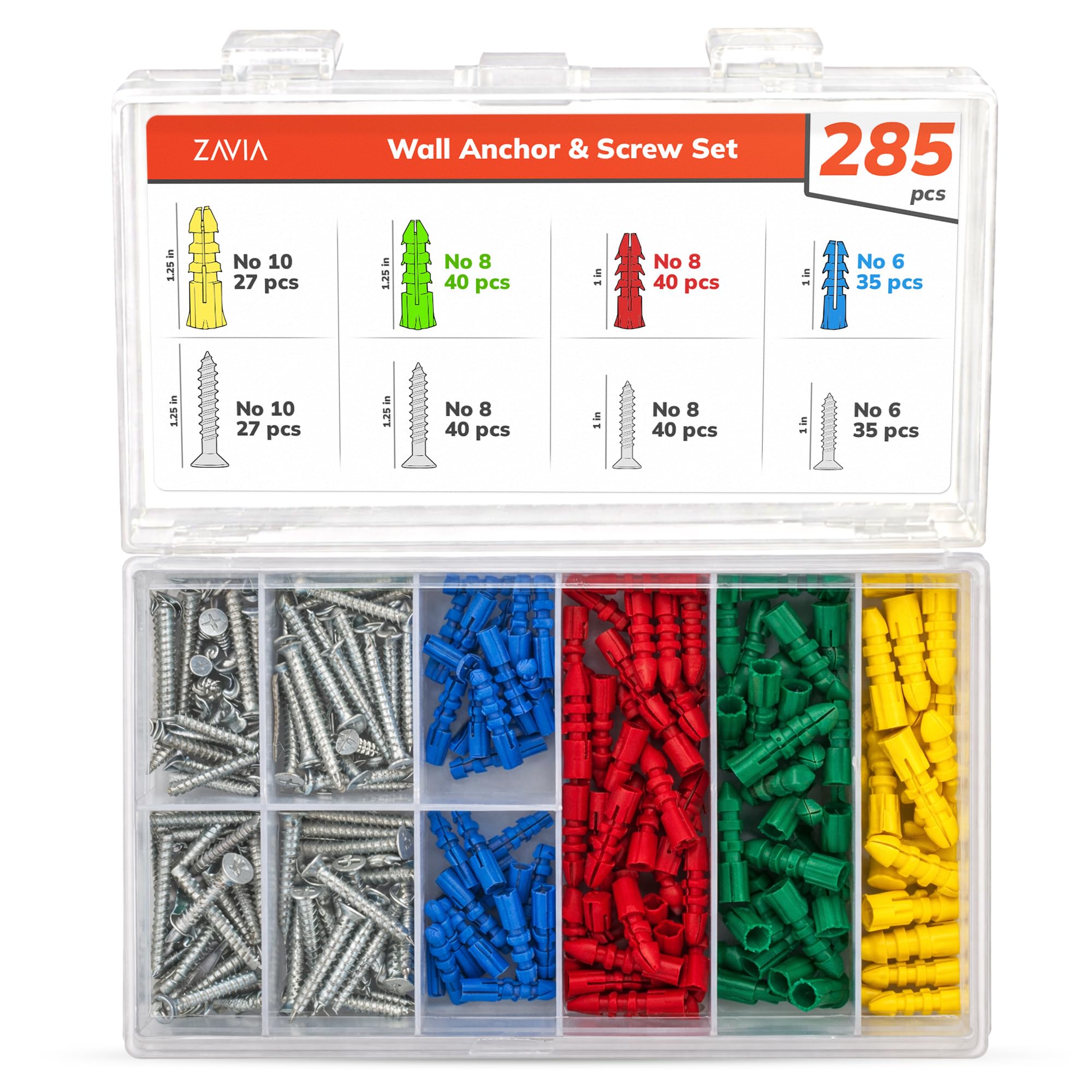 ZAVIA 285 Pcs Wall Plugs and Screws | Assorted 142 Anchors Plugs + 143 Metal Screws (No.6, No.8, No.10) for Plasterboard, Brick, Concrete & Wood | Complete kit with Storage Case