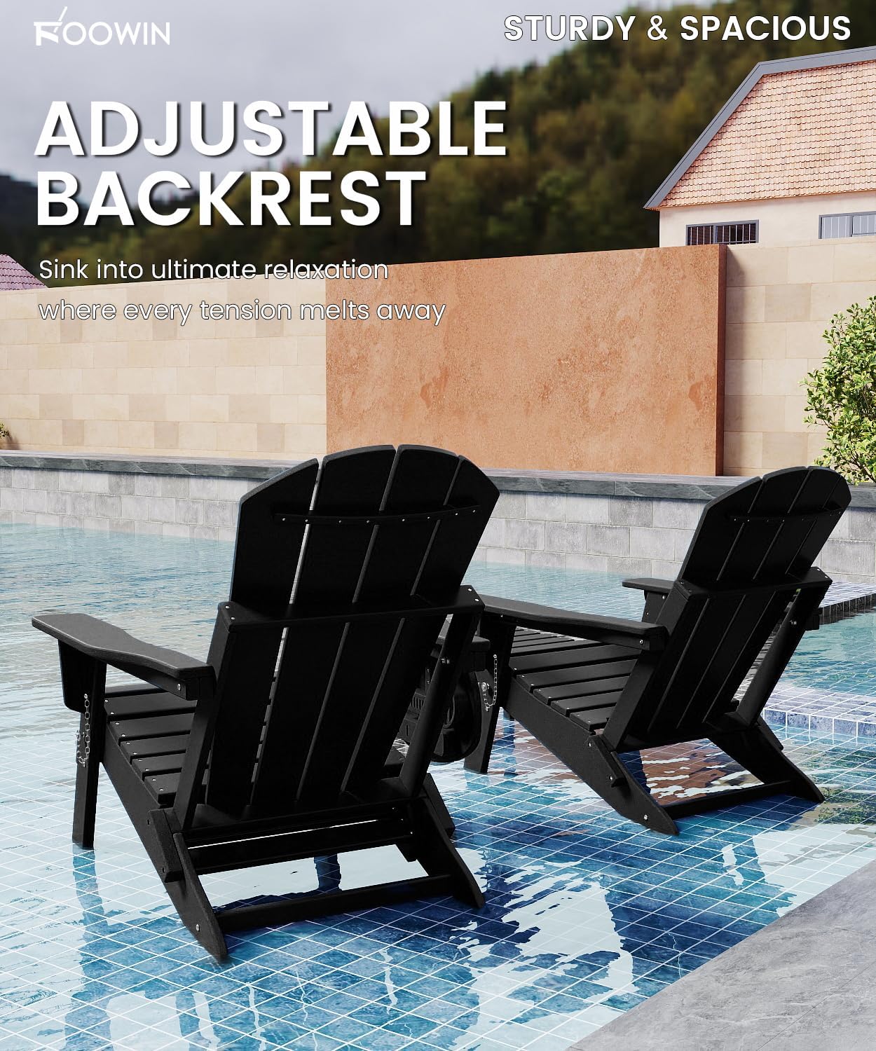 FOOWIN Folding Adjustable Adirondack Chair with Retractable Ottoman Set of 2,HDPE Adirondack Chair w/4 in 1 Cup Holder Trays,All-Weather Resistant Fire Pit Chair for Outdoor Patio Lawn, Black