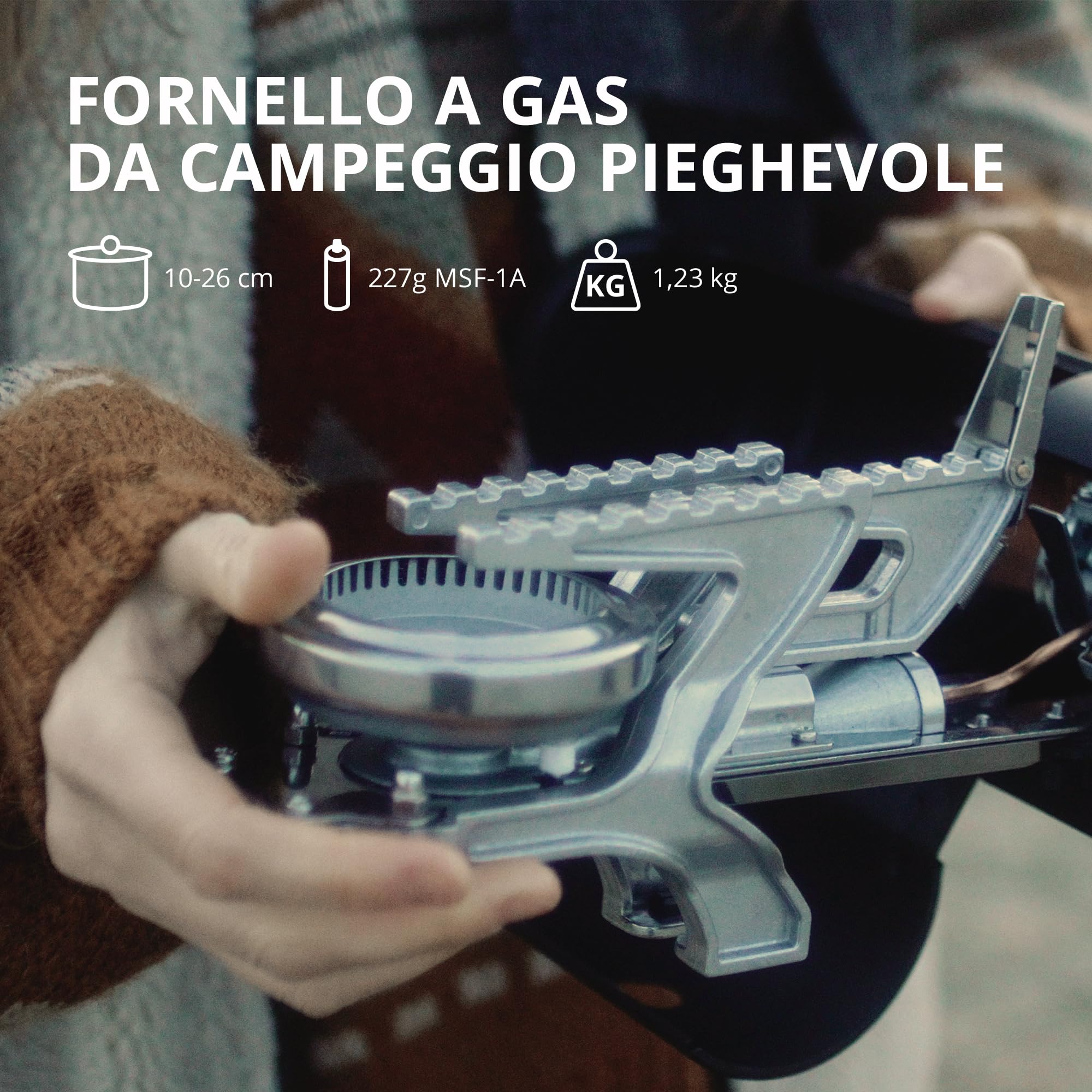 EVOCAMP Fornello da campeggio compatibile con cartucce a gas MSF-1a 227 g, fornello a gas da campeggio pieghevole con borsa per il trasporto, fornello da campeggio pieghevole con accensione