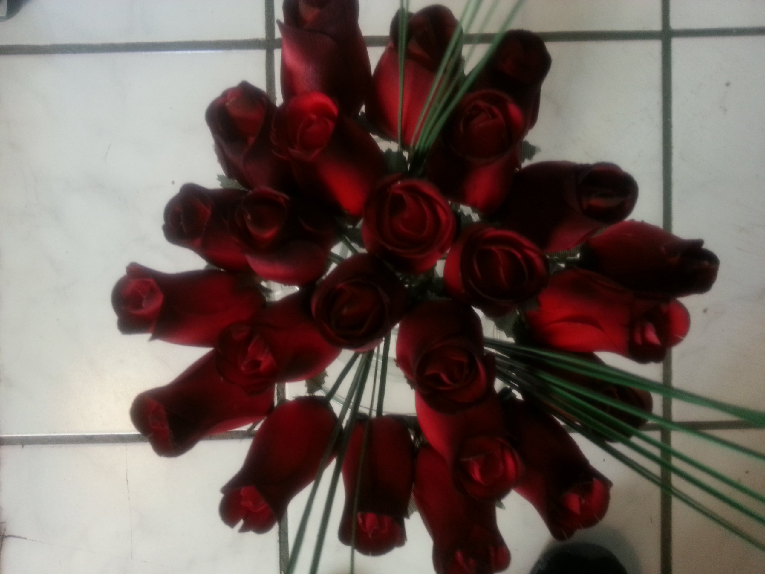 Beautiful Wood Roses 2 Dozen Red with Black Tips with Onion grass