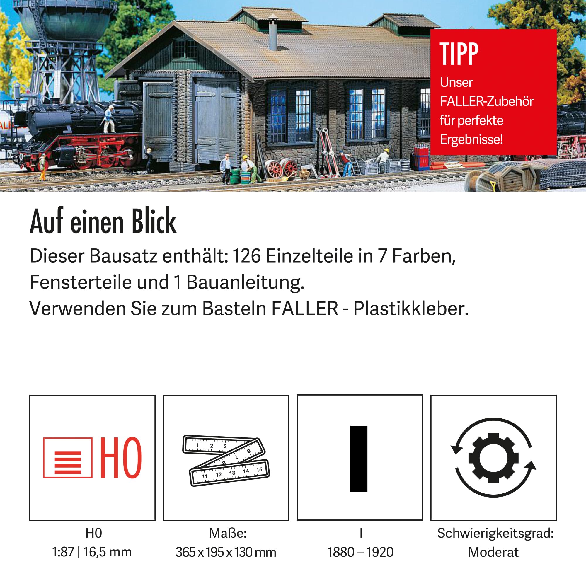 FALLER Lokschuppen 2-ständig Modellbausatz mit 126 Einzelteilen 365 x195 x130mm I Modelleisenbahn Zubehör H0 Gebäude I Modelleisenbahn H0 Lokwerkstatt, Weiß