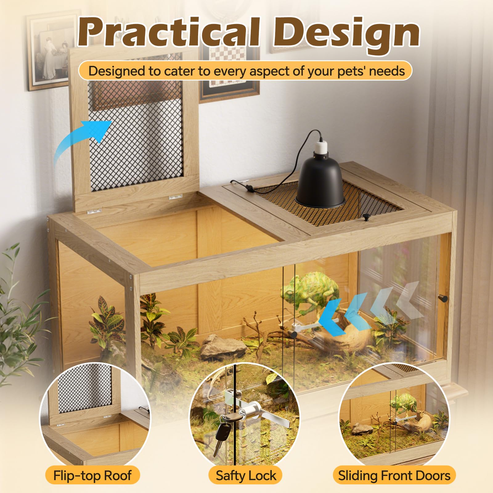 Terrarium für Reptilien & Amphibien, 100x50.8x52.3cm Reptilien Terrarium Holz mit 360°-Panoramablick aus Glas, Belüftung und Sicherheitsschloss, Terrarium Groß für Bartagame, Schlangen, Jungtiere