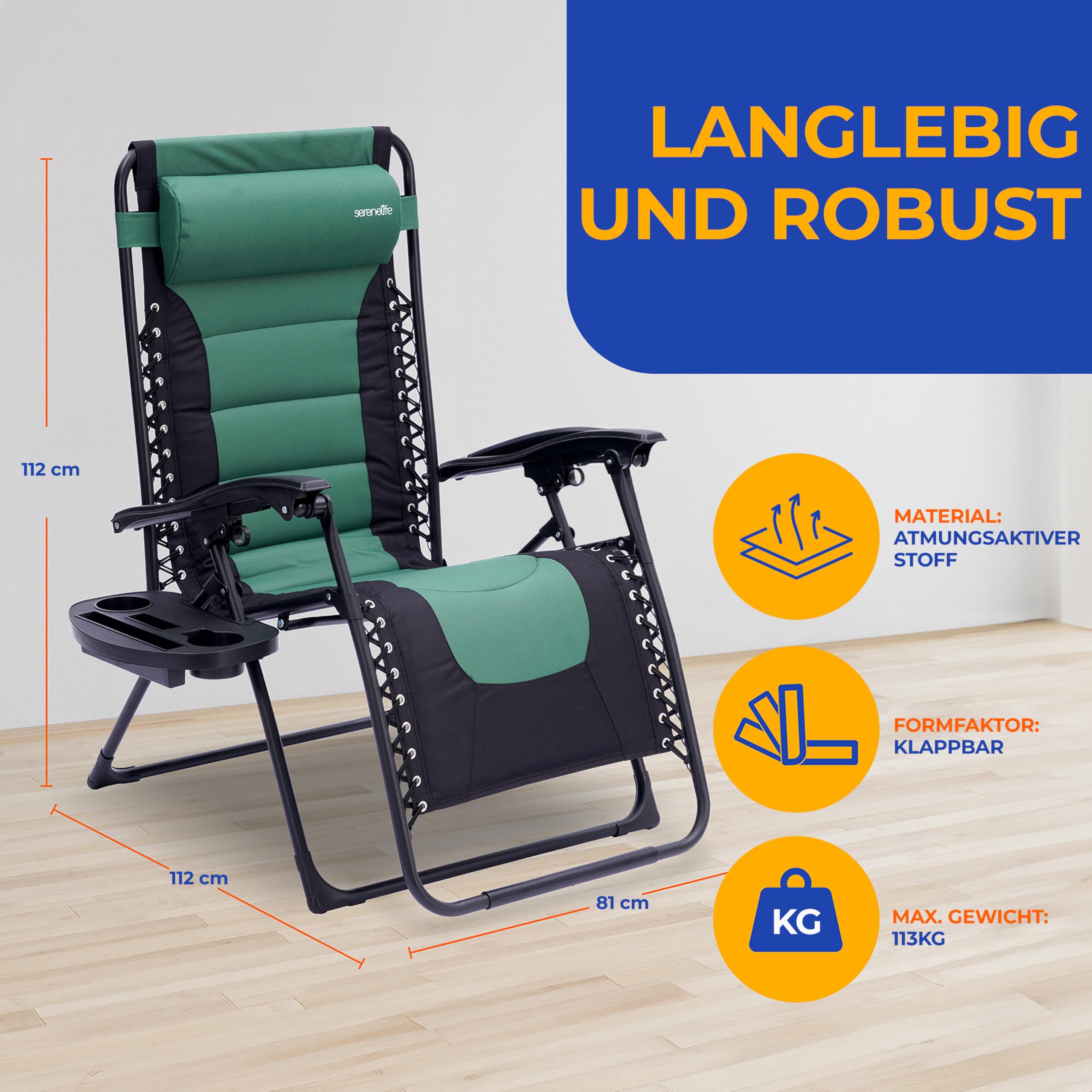 SereneLife Liegestuhl, Gartenlieg Klappbar mit Stufenlos verstellbare Positionen, Kopfstütze, Getränke- & Handyhalter, Grün, Rostfreier Stahlrahmen, Relaxliege für Terrasse & Balkon