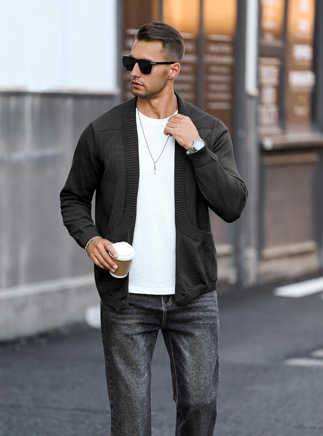 Men's Shawl Collar Long Sleeve Cardigan Knit Open Front with Pockets