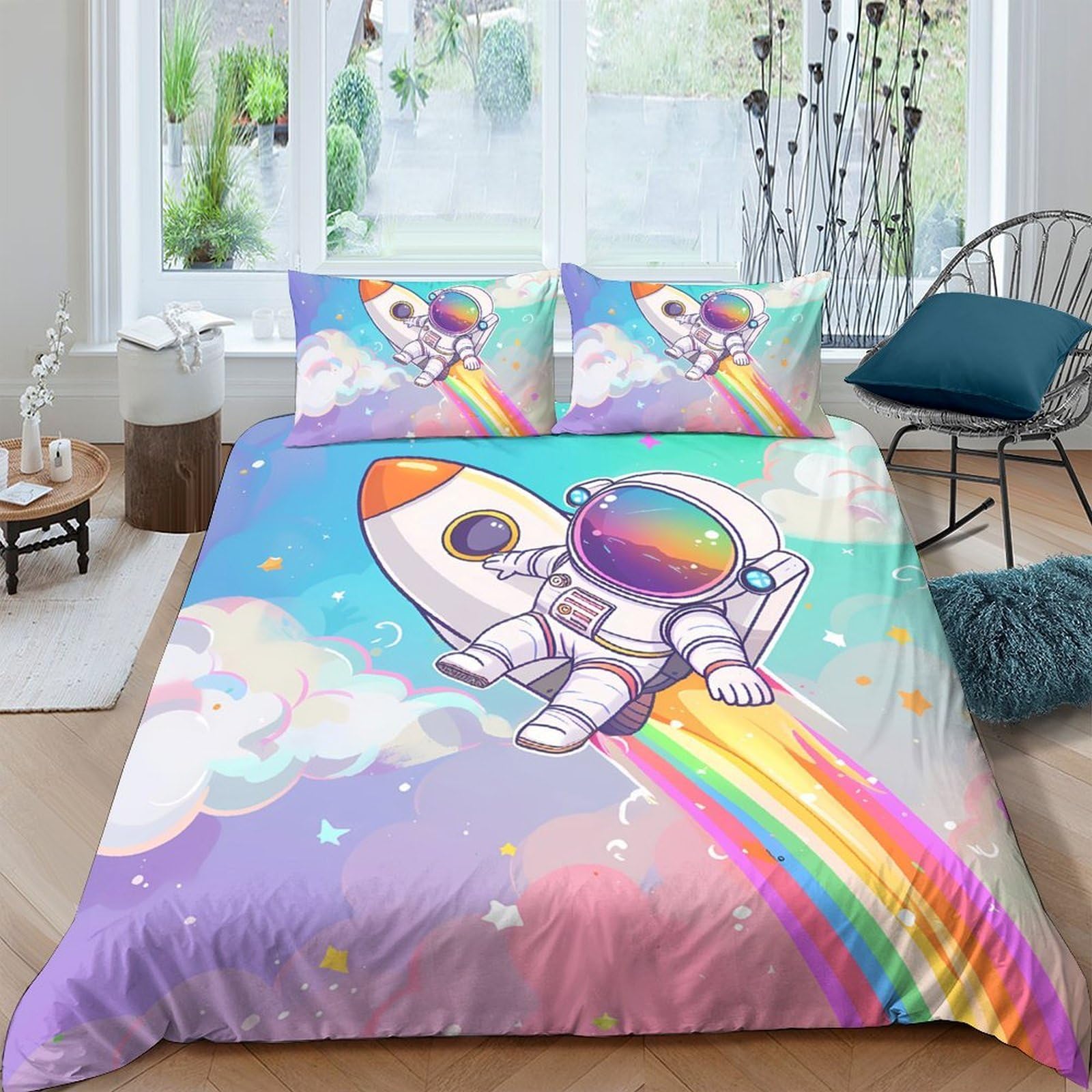 Ctjqhvkz Style-2 3D Printed Astronaut Rainbow Fitted Sheet Microfiber Soft Mattress Cover Bedroom Decor Dustproof Washable For Home Single（135X200cm）