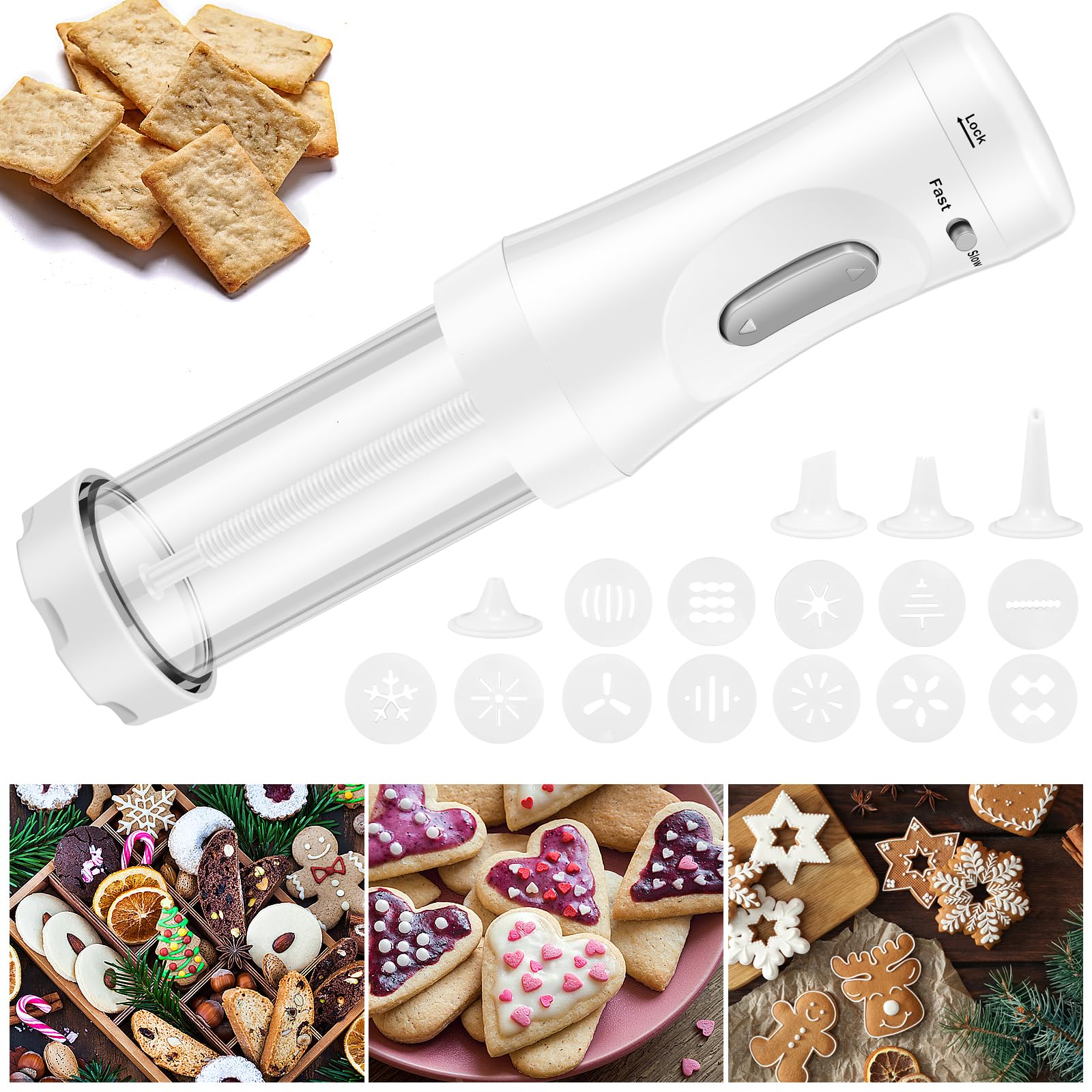 Elektrische Plätzchenpresse DIY Cookies Maker Set mit 12 Keksscheiben und 4 Zuckergussdüsen Elektrische Kekspresse Dekorieren Kit Abnehmbare Cookie Maker Maschine Elektrische Plätzchen