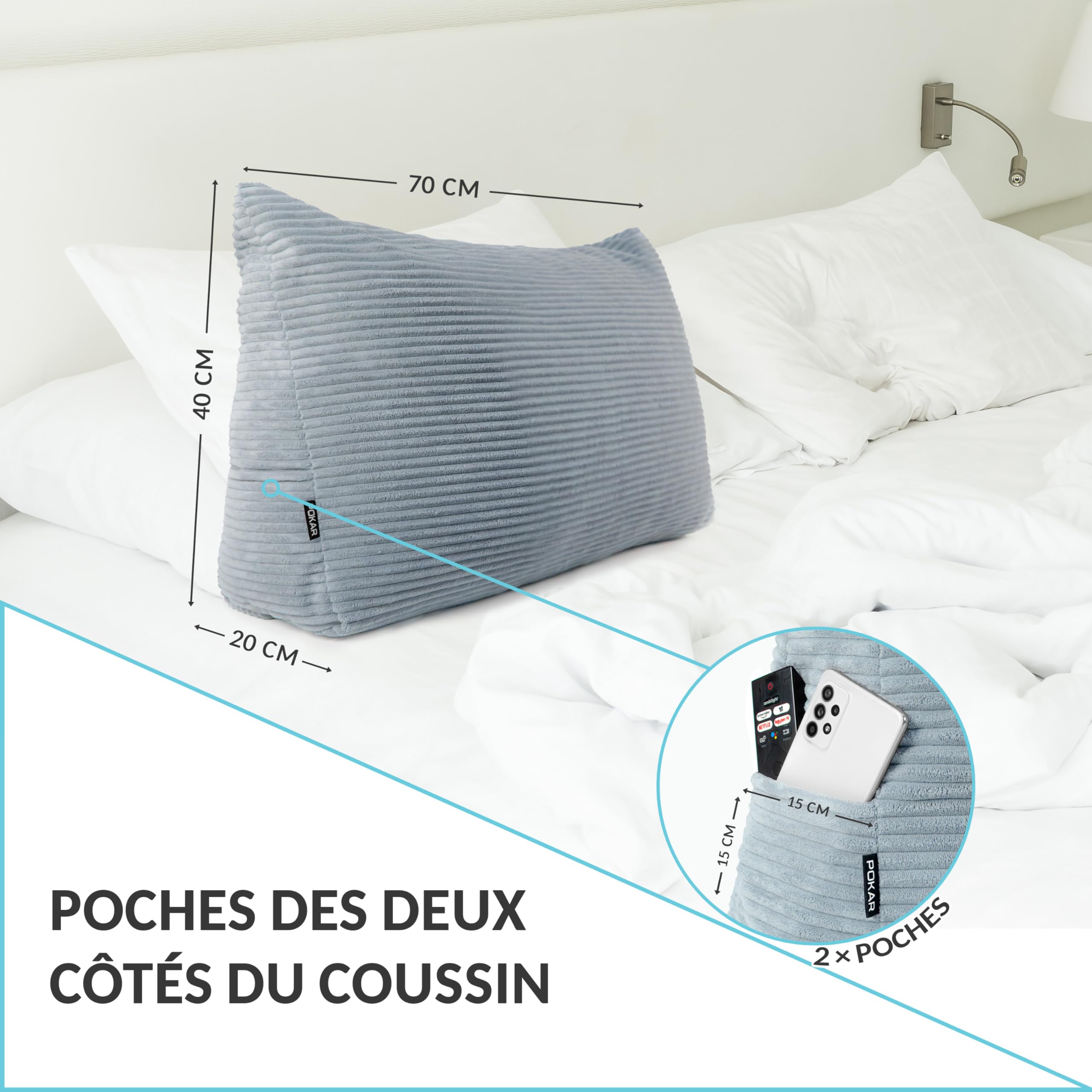 POKAR Coussin de Lecture 70x40x20 cm | Coussin Dossier Canapé en Velours Côtelé avec Poches Latérales | Grand Coussin de Dos pour Lit et Canapé | Certifié Oeko Tex | Beige