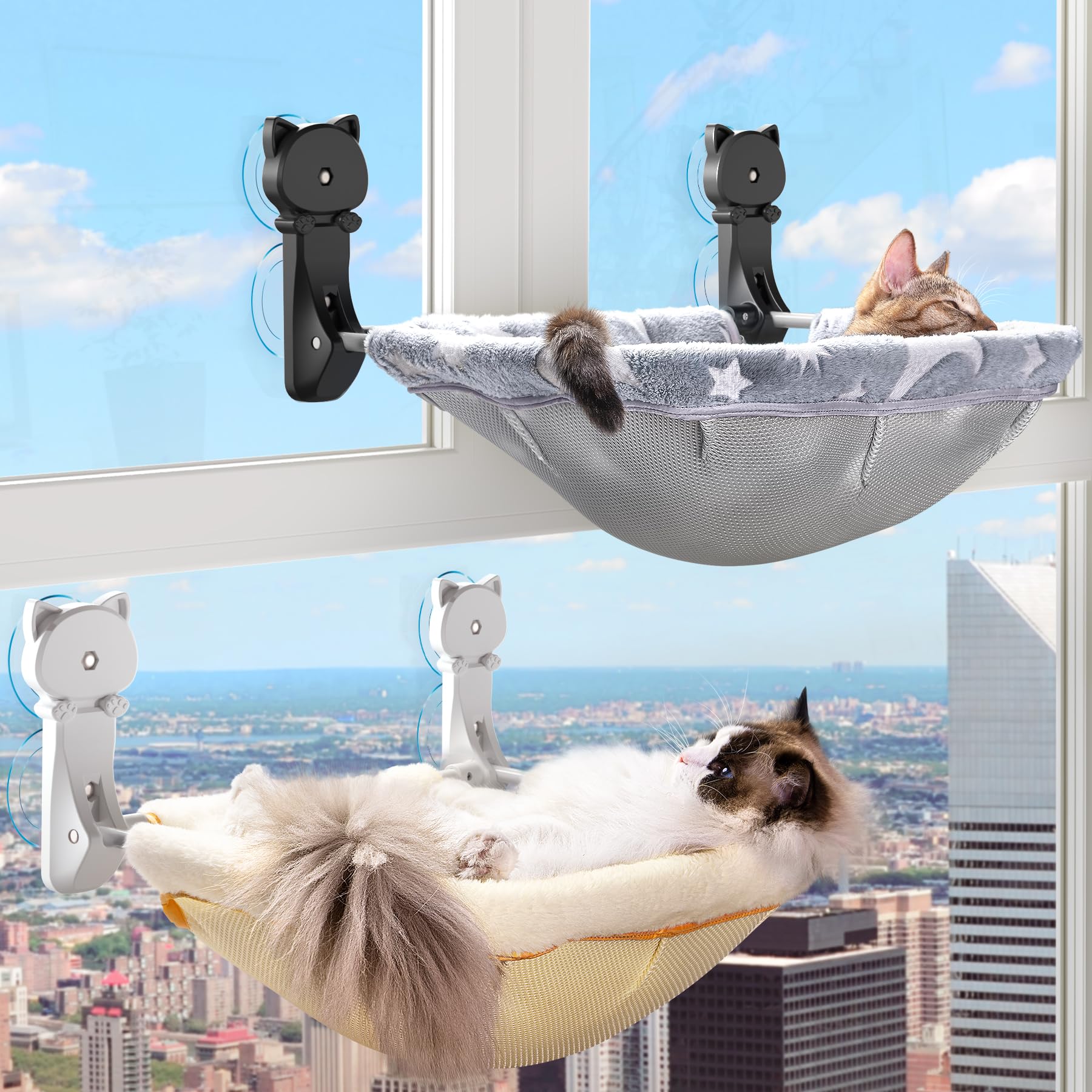 JUNSPOW Cat Window Perch Cordless, Glow in The Dark & Stable Cat Beds- Breathable Window Hammock for Overlooking, Sunbathing and Climbing - Maximum