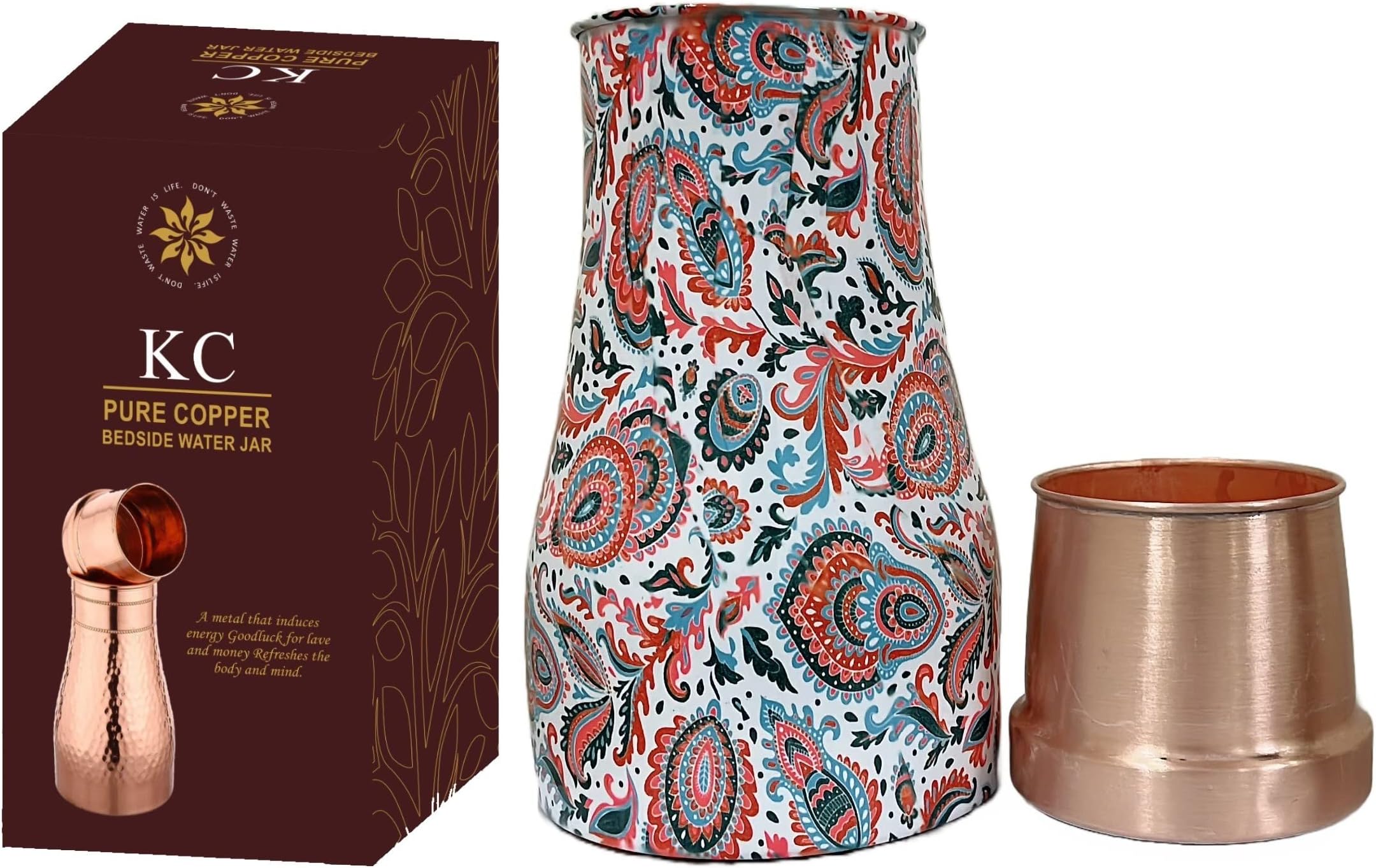 Pure Copper Designer Copper Water Bottle | Pitchers | Water Jug | BedRoom Jar | Bedside Bottle Carafes With Tumbler/Glass With Lid | With Flower Print Design 1250 ML