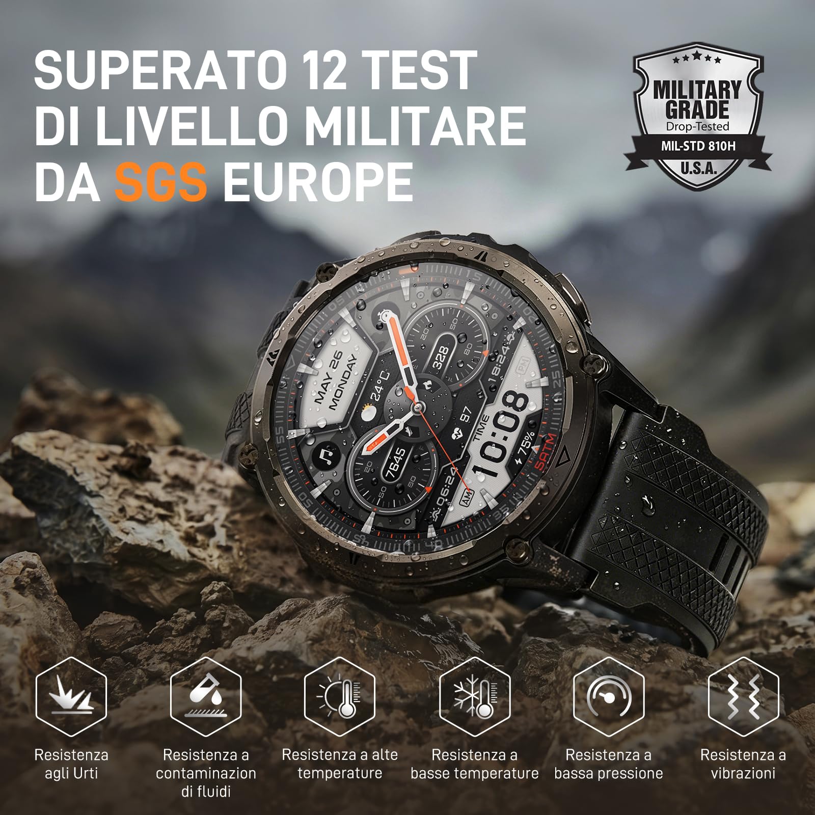 KOSPET ORB 2 Smartwatch uomo Rugged, GPS Dual-band, Impermeabile IP69&5ATM | Batteria da 500mAh, Torcia LED Integrata, 170+ Modalità Sportive, Monitor della Salute, Compatibile con Android & iPhone Nero