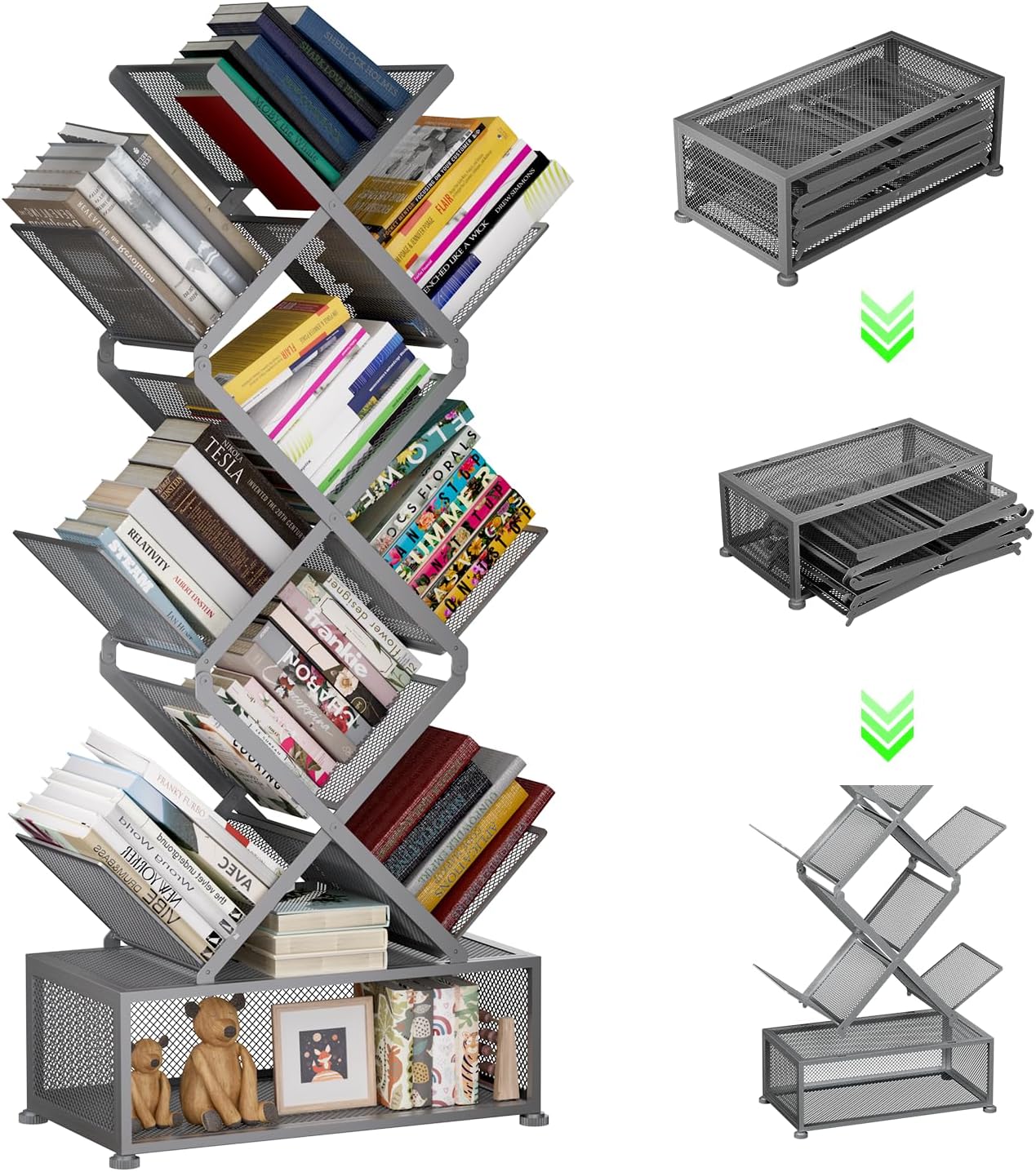Gintan 9-Tier Modern Book Shelves with Storage, Bedroom Shelves Folding Bookshelves, No Installation Required Shelf Tree Bookcase for Living Room, Study, Home Office, Bed Room (Grey) Big Grey 9-Tier