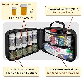 StarPlus2 Large Pill Bottle Organizer, Medicine Bag, Carrier for Medications, Vitamins, and Medical Supplies - Travel Medicine Organizer and Storage Med Bag with Elastic Bands - Black (Without Lock)