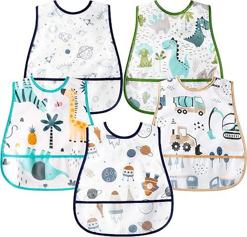 Vista 9 de R HORSE Juego de 5 baberos para bebés con bolsillo para atrapar migas y botón a presión, baberos impermeables para bebés de 6 a 24 meses Fruta
