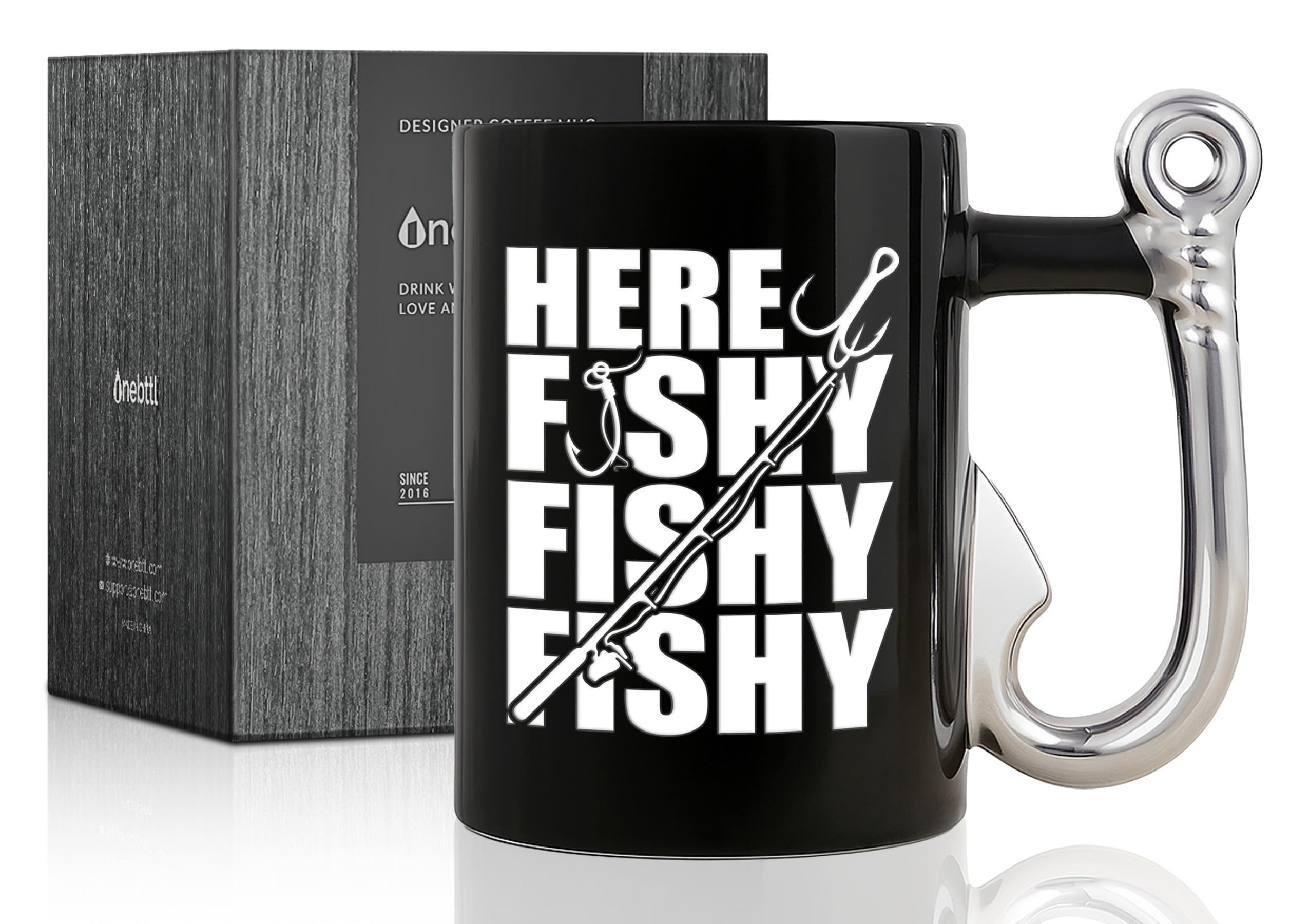 Onebttl Fishing Gifts for Men, Fishing Hook Coffee Mug, 13.5oz/400ml Funny Ceramic Mug for Christmas, Father's Day, Here Fishy