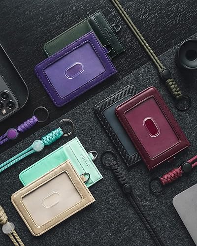 Miniatura 7 de VULKIT Soporte para tarjetas de identificación con cordón para mujeres y hombres, soporte vertical de cuero con ranura transparente para tarjeta de