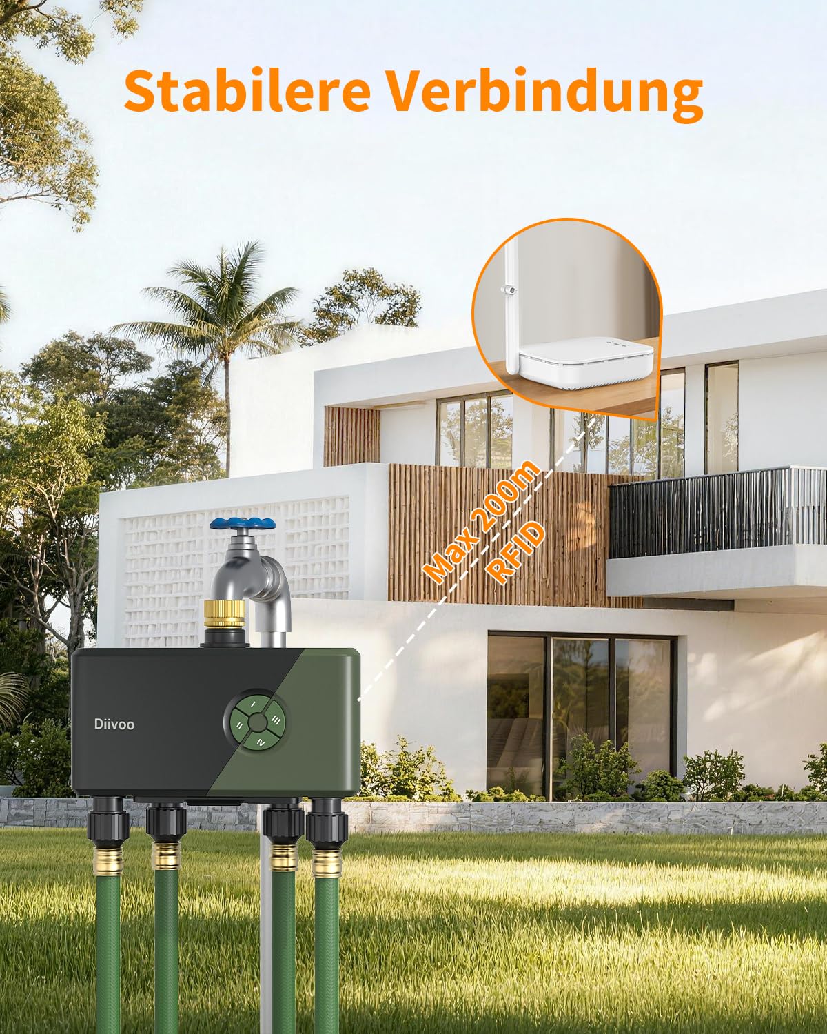 Diivoo WLAN Bewässerungscomputer 4 Ausgänge, Wasserzeitschaltuhr Gartenbewässerungssystem, Zeitschaltuhr für Bewässerung, Messingeingang&Ethernet, Alexa/Google, 24 Pläne, Regenverzögerung&Nebelmodus