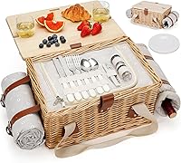 HappyPicnic Wicker Picnic Basket for 2 with Folding Table, Waterproof Blanket, Insulated Cooler, Wine Bag & 17pc Cutlery Set - Handmade for Camping