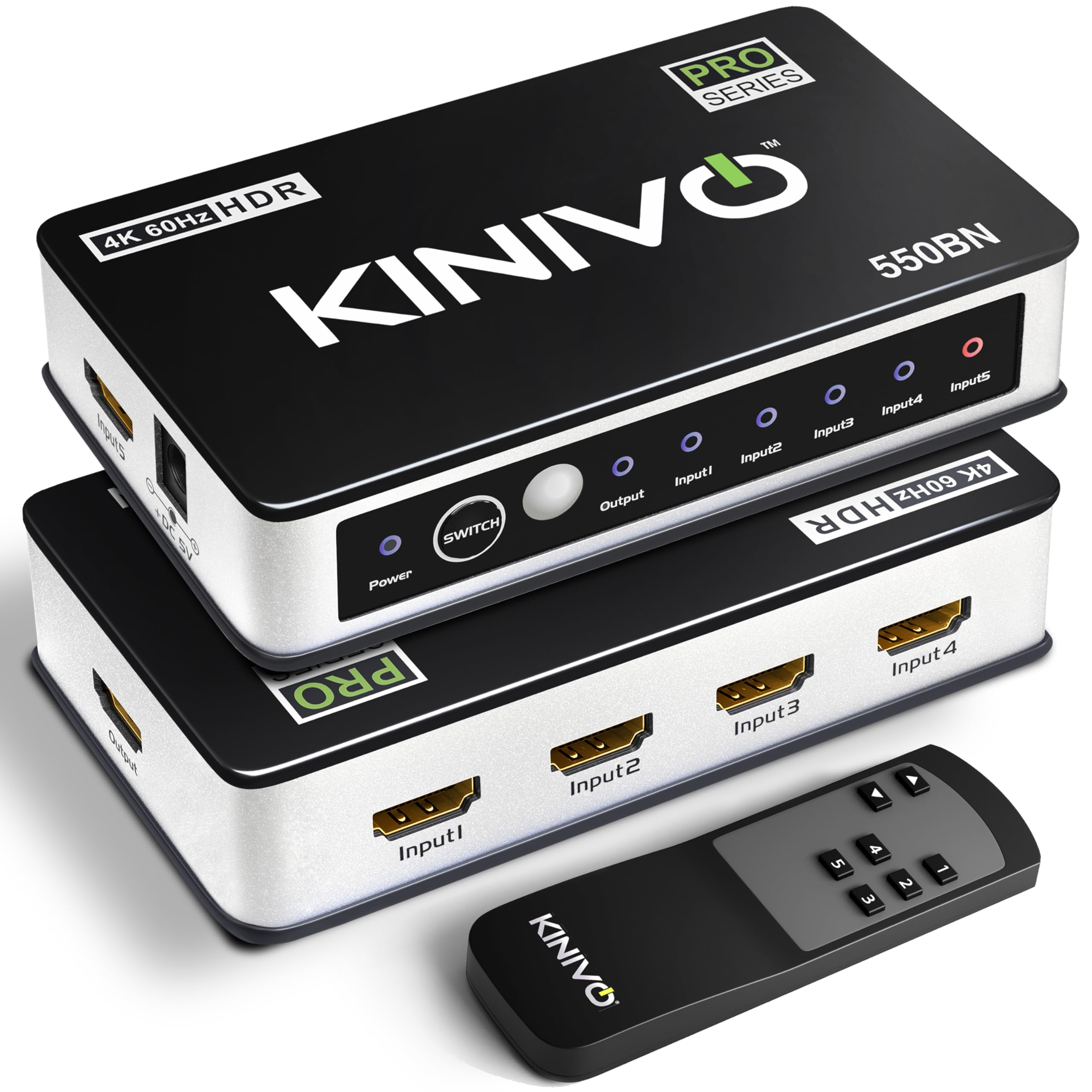 Kinivo HDMI Switch 4K HDR 550BN (5 in 1 output, 4K 60Hz HDR, HDMI 2.0, High Speed 18Gbps IR Remote, HDCP) - Compatible with Roku, PS5, Xbox, Apple TV, Nintendo Switch, Cable Box