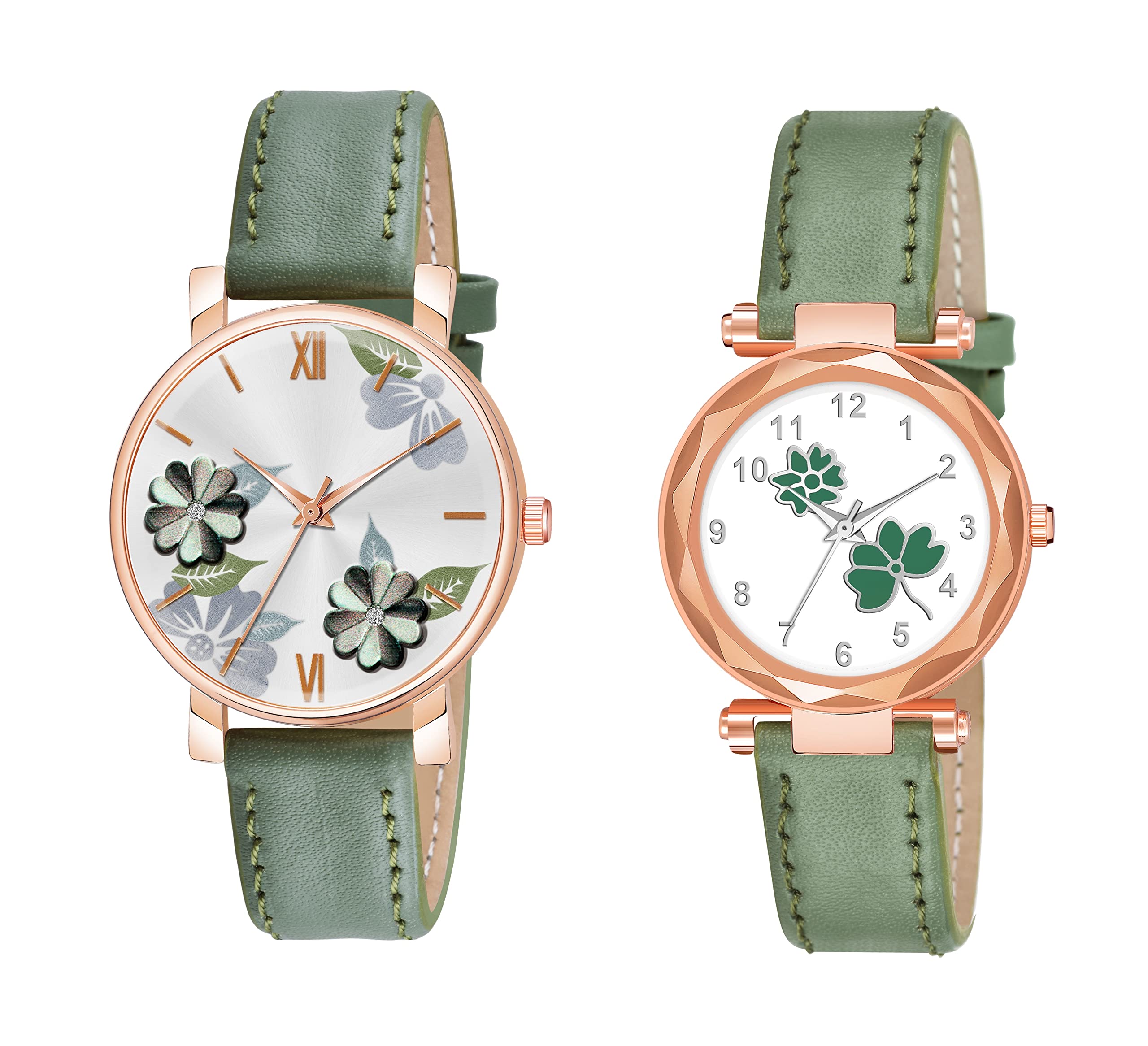 KIROH Analogue Pack of 2 Multicolored Flower Designer Leather Strap Womens and Girls Watch (Green-F) (B0B4KJYQMG) Amazon Price History, Amazon Price Tracker