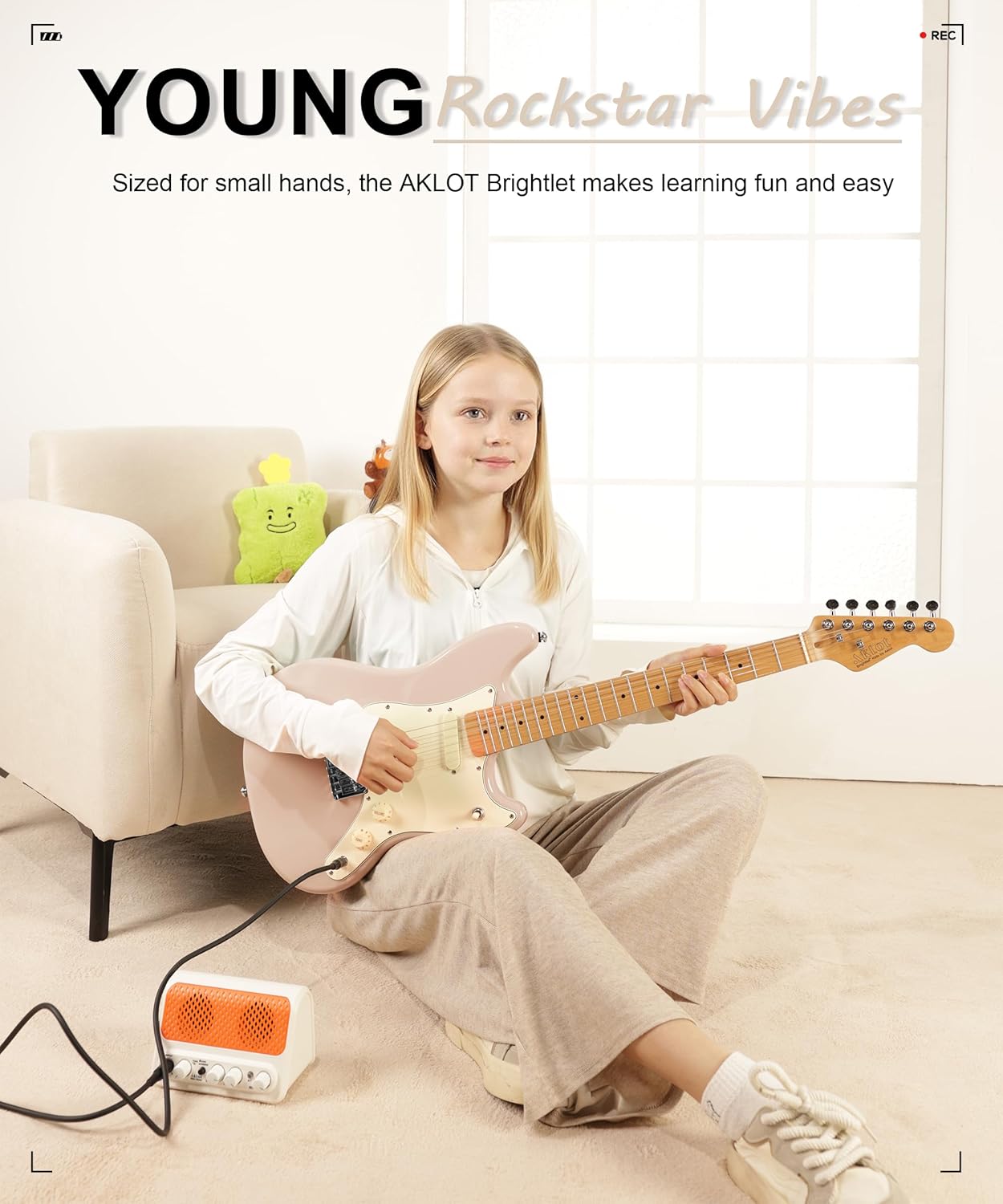 AKLOT 36-inch Kids Electric Guitar: 3/4 Size Mini Electric Guitar Kit with Solid Body, 1.5 In Neck Width for Beginners, 10W Amp, Gig Bag, String, Strap, Cable, Picks,Lesson Book (SugarBlush Cream)