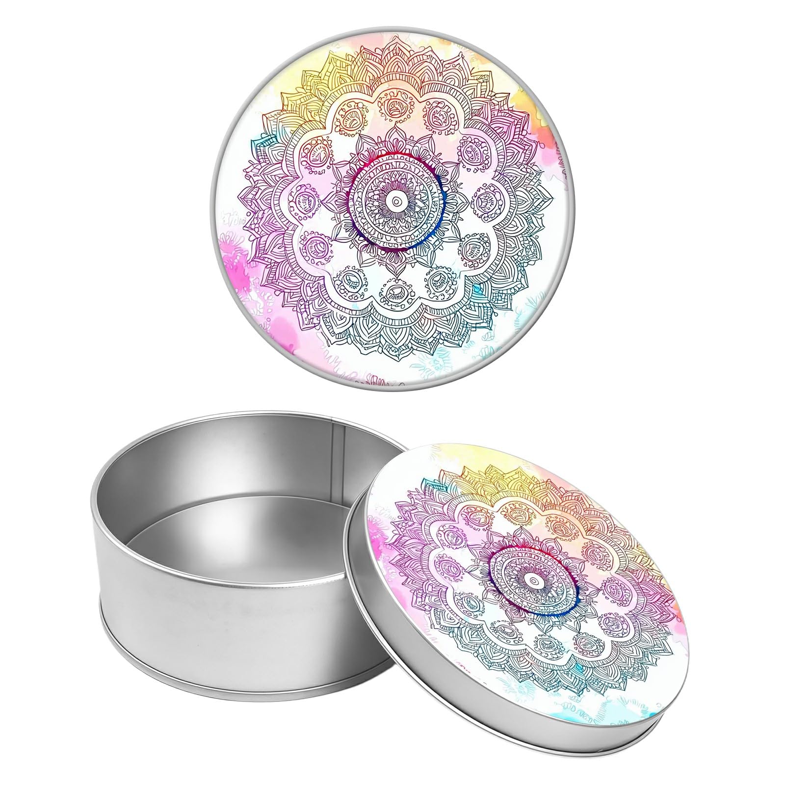 Round Metal Tin Container with Removable Lid, Mandala Durable Metal Storage Box for Crafts Snacks Candies Office Supplies Small Items 3.54 x 1.38 inch– Single Pack