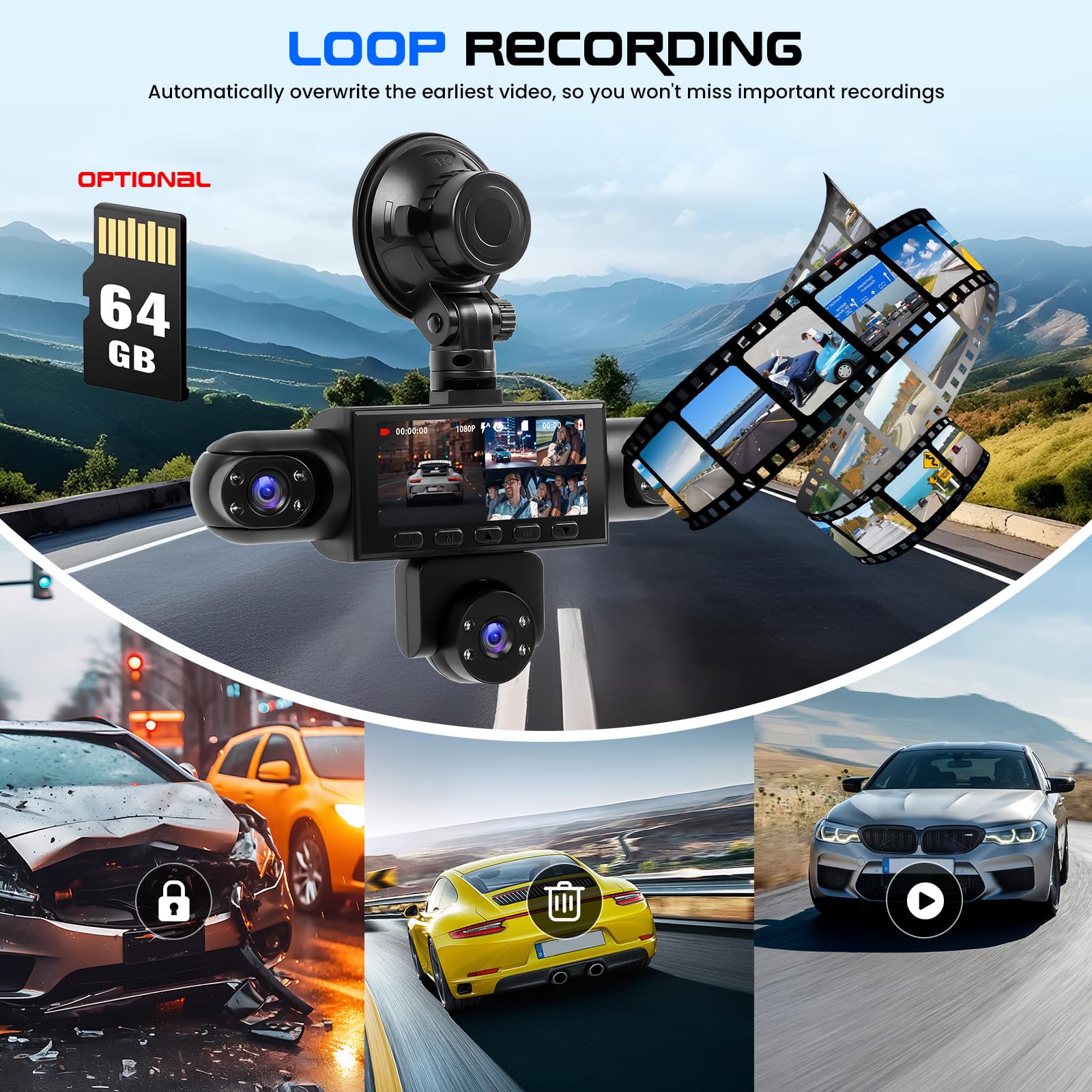 CAMECHO 5 Canales Visión Nocturna Dashcam 1080P Rotación 360° Cámara para Coche, Pantalla Dashcam de 3,16'' Modo Aparcamiento, Ayuda de Marcha Atrás, Grabación en Bucle, Detección de Movimiento