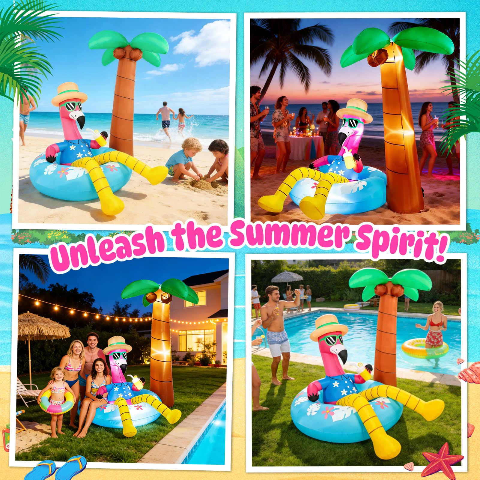 Flamant rose gonflable avec palmier de 1,8 m - Décoration d'été gonflable avec lumières LED pour fête tropicale Luau, plage, piscine, cour, jardin, pelouse