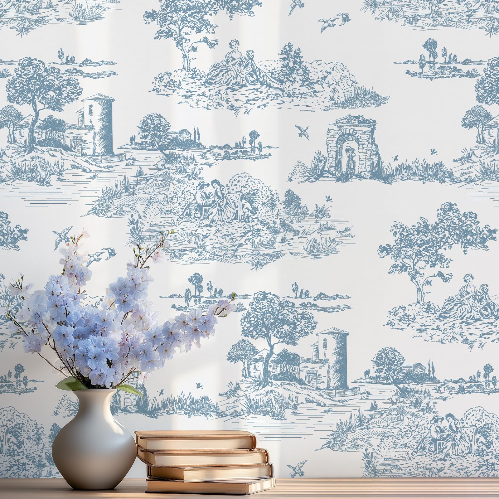 Toile murale bleue et blanche WENMER papier peint haut de gamme aspect texturé rétro salon