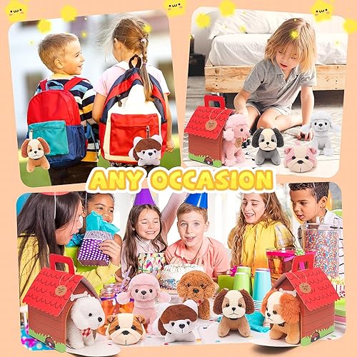 Miniatura 6 de 12 piezas de conjunto de cachorros de peluche mini, favores de fiesta de adopción de perros con llavero de regalo, juguetes con casa de perro de