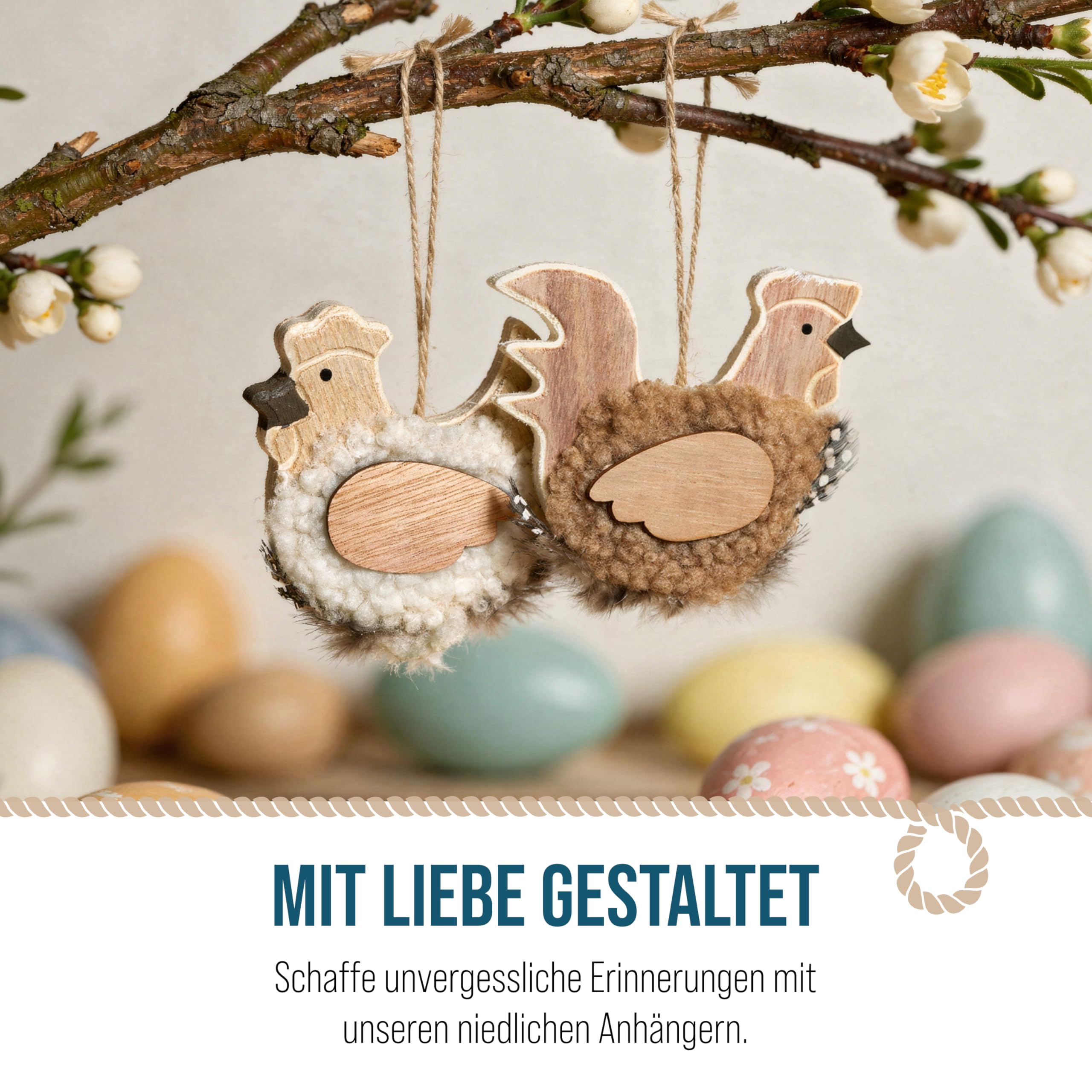 Lot De 12 Pendentifs En Bois Poules De Pâques - Décoration Suspendue 7 Cm