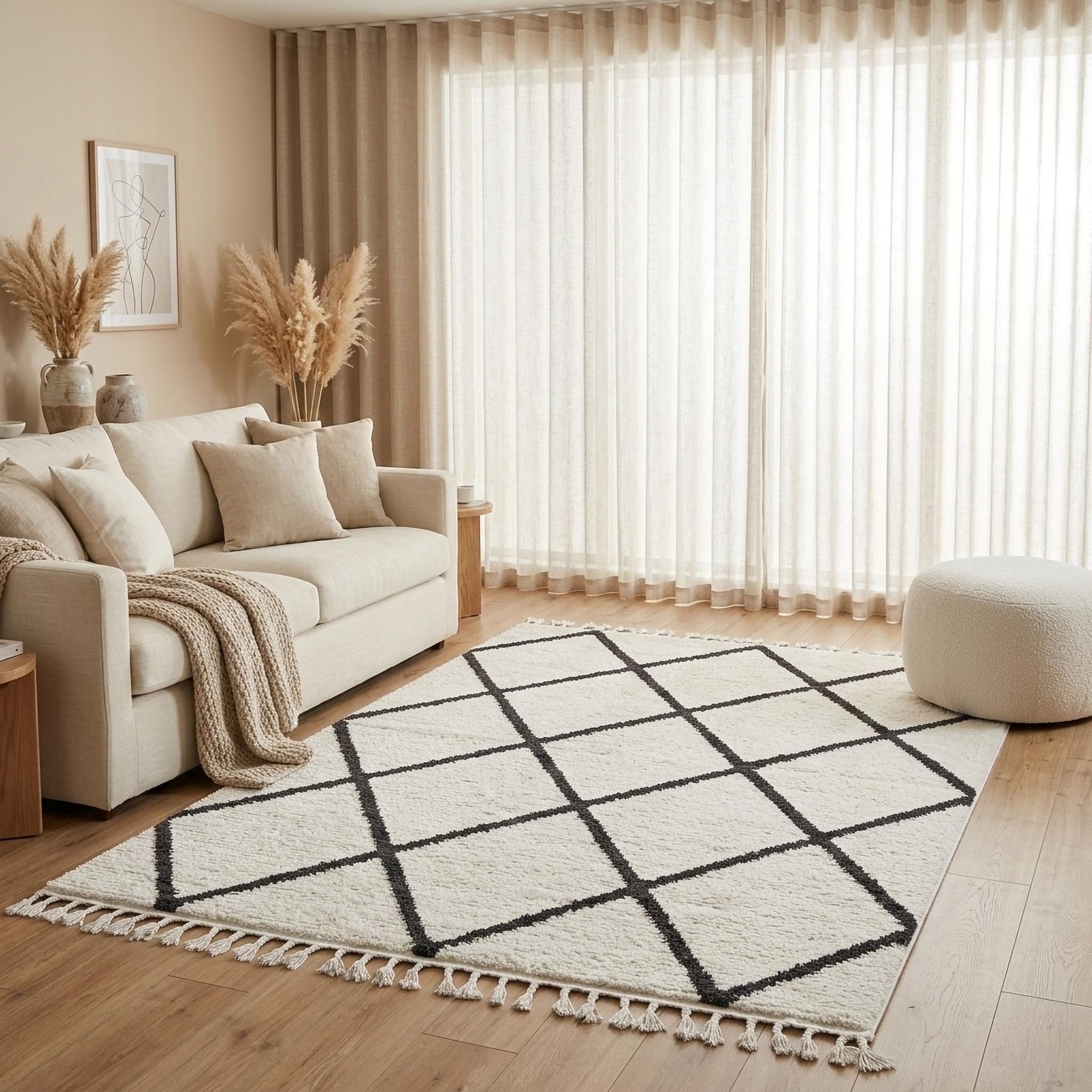 160 x 230 Teppich Wohnzimmer Ivory Creme weiß Berber kurzflor Fransen Boho Skandi Designer Marokkanisch Zertifiziert Made in Germany Design Manufaktur Markenteppich Oeko TEX