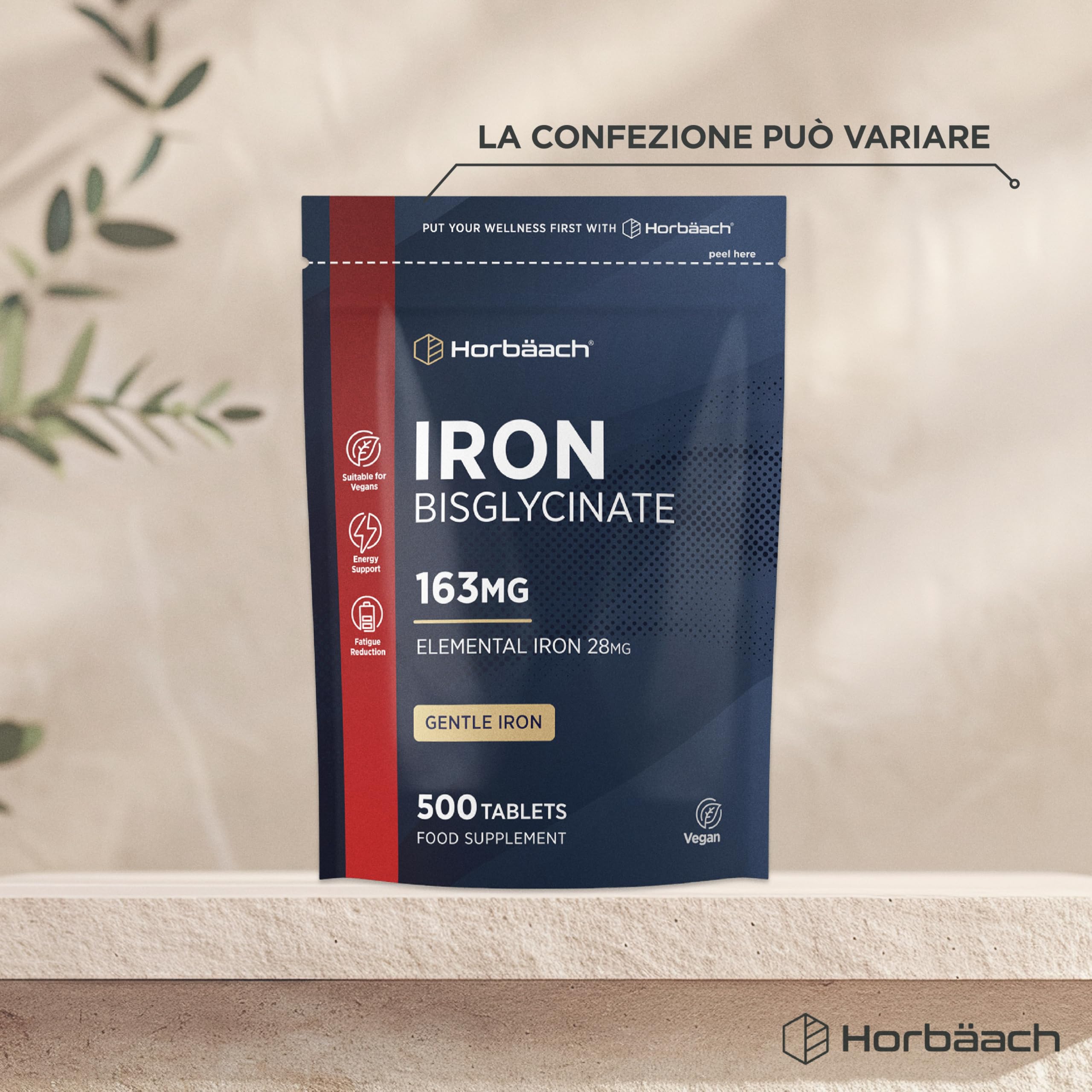 Ferro Integratore Forte 28 mg | 500 Compresse Vegane | Ferro Bisglicinato | Supporto Energetico | Gentle Iron Supplement | di Horbaach