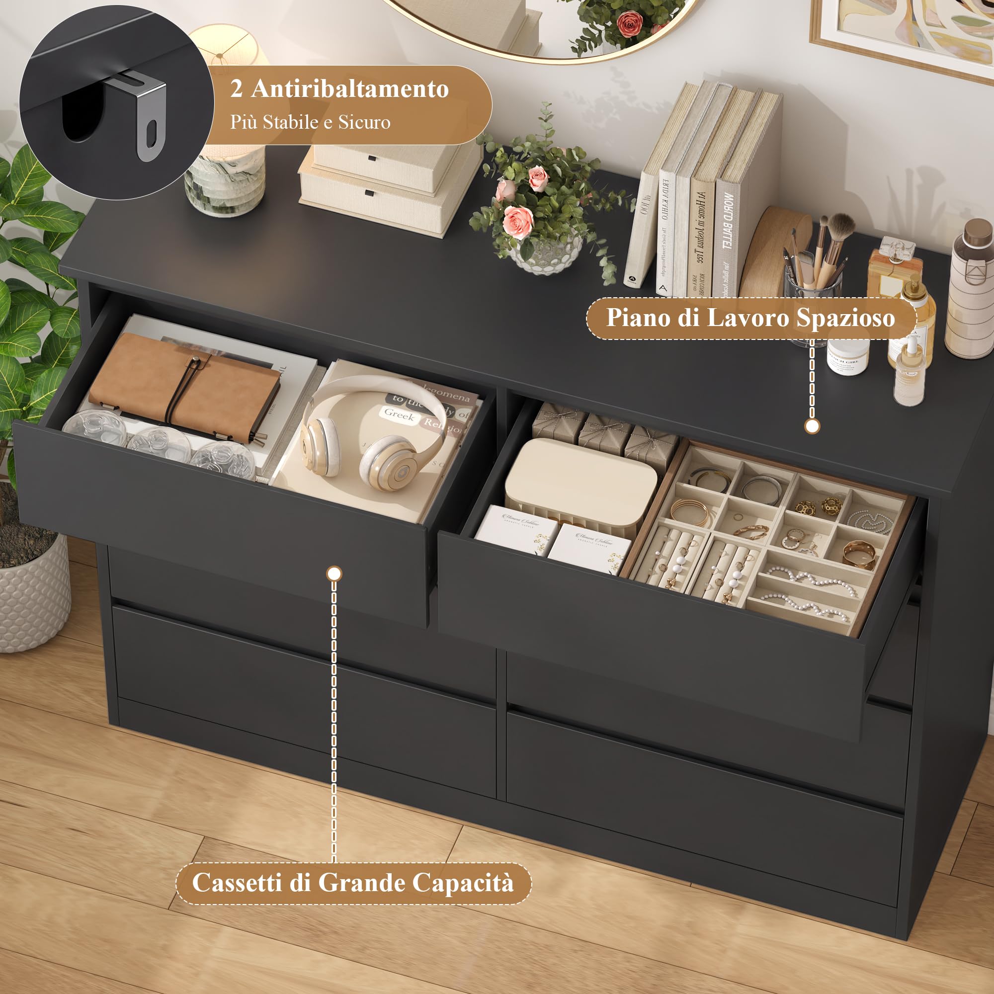 FOREHILL 120 cm Cassettiera con 8 Cassetti, Cassettiera Camera da Letto, Comò Camera da Letto, Mobile con Cassetti Moderna, per Corridoio, Soggiorno, 120x39,5x96cm (Nero)