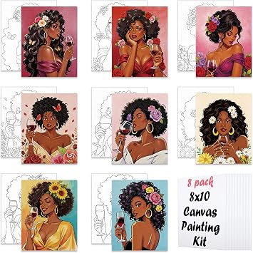 Nuberlic 8Pcs Pre Drawn Canvas Kits for Adults Sip and Paint Girls Beauty and Flower Butterfly Themed Painting Party Supplies Pre Stretched Canvas Outline Boards for Beginners 8x10 Inch