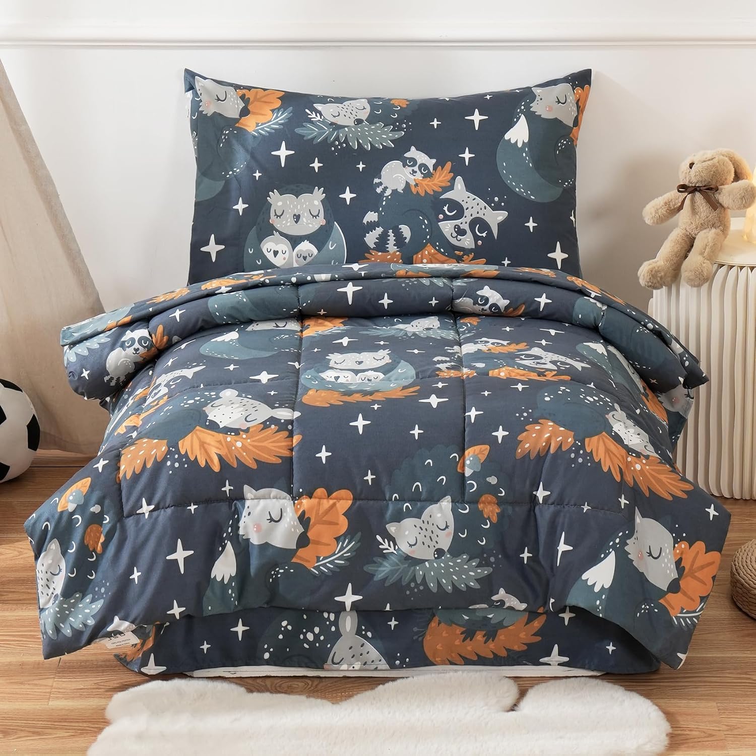 JSD 4 Piece Navy Blue Owl Toddler Bedding Set, Boys Girls