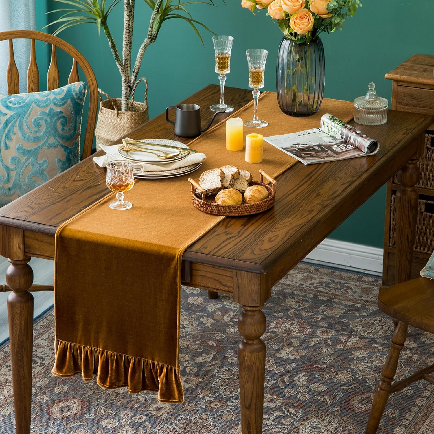 Velvet Table Runner Soft Decorative Luxurious Solid 90 Inches Long Tablecloth with Retro Ruffle Flounces Table Runner Dresser Scarves for Kitchen Dining Room Coffee Table Golden Camel,14x90 Inch
