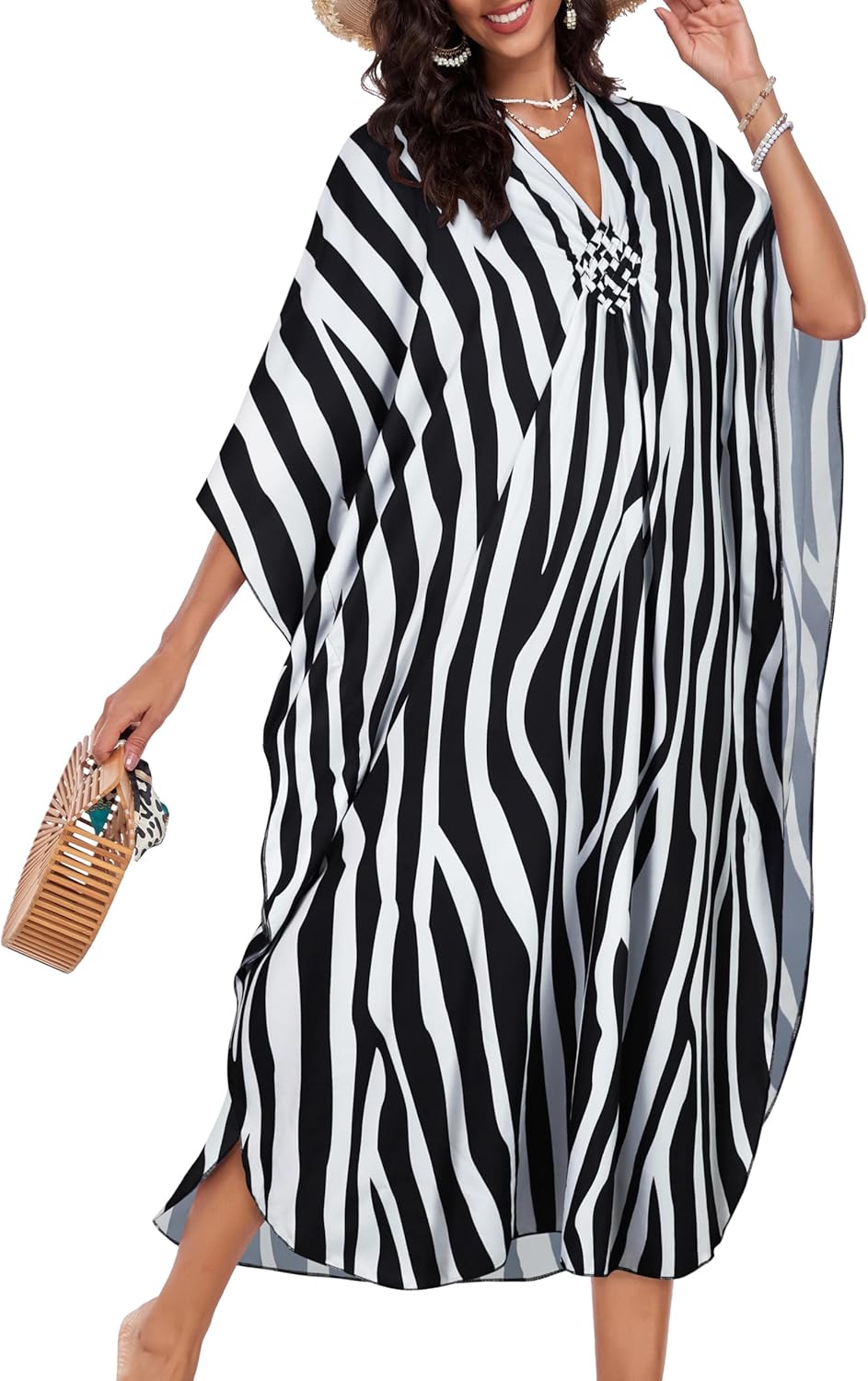 Kaftan Dresses for Women Plus Size V Neck Caftans Long Batwing Sleeve Beach Cover Ups Summer Floral Print Dress - Image 2