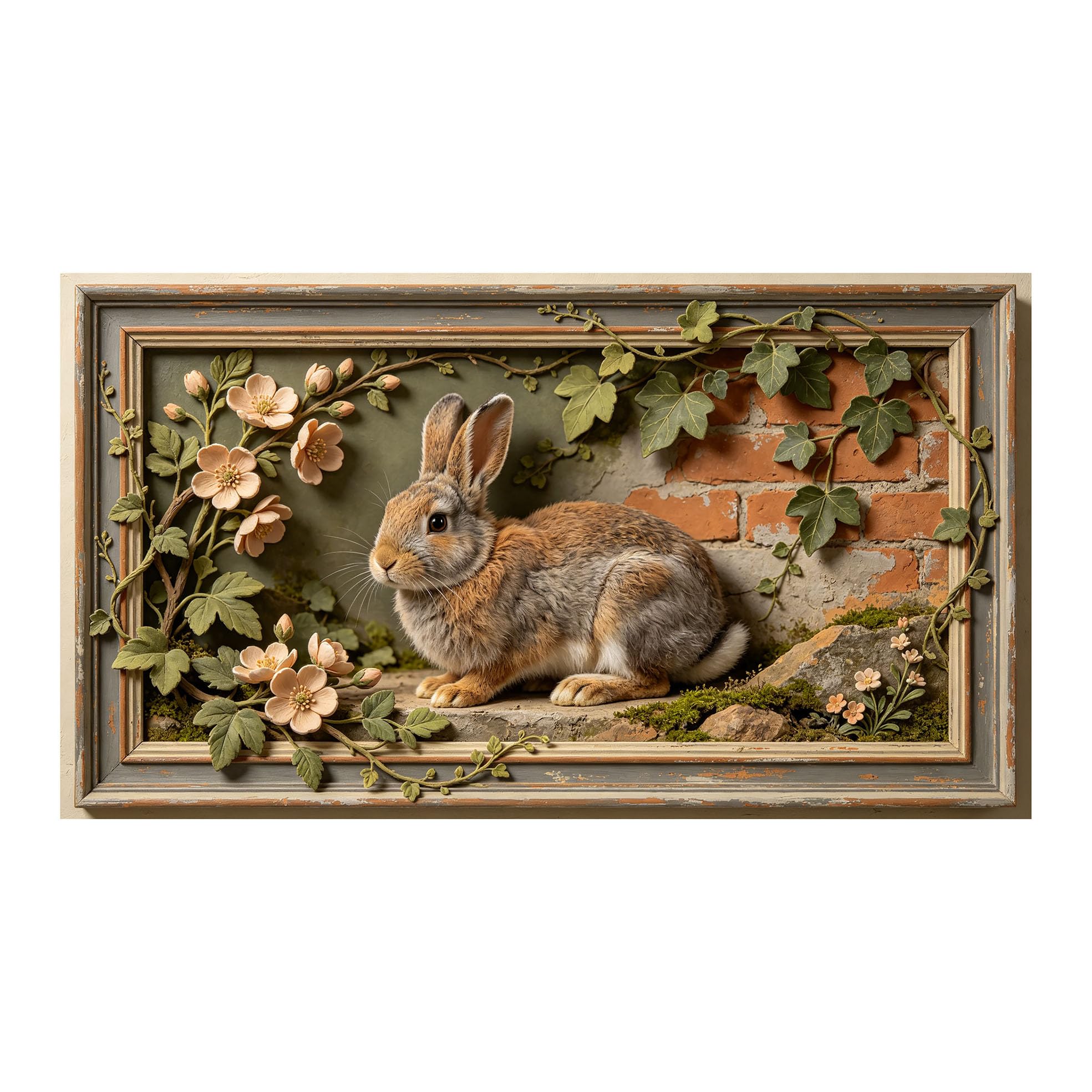 Yzpallescene 3D 3D Framed Wall Art 50cm×90cm Rustic Rabbit Floral Botanical Pastoral Large Size SelfAdhesive Removable Wall Decor Prints Artwork for Living Room Bedroom Office