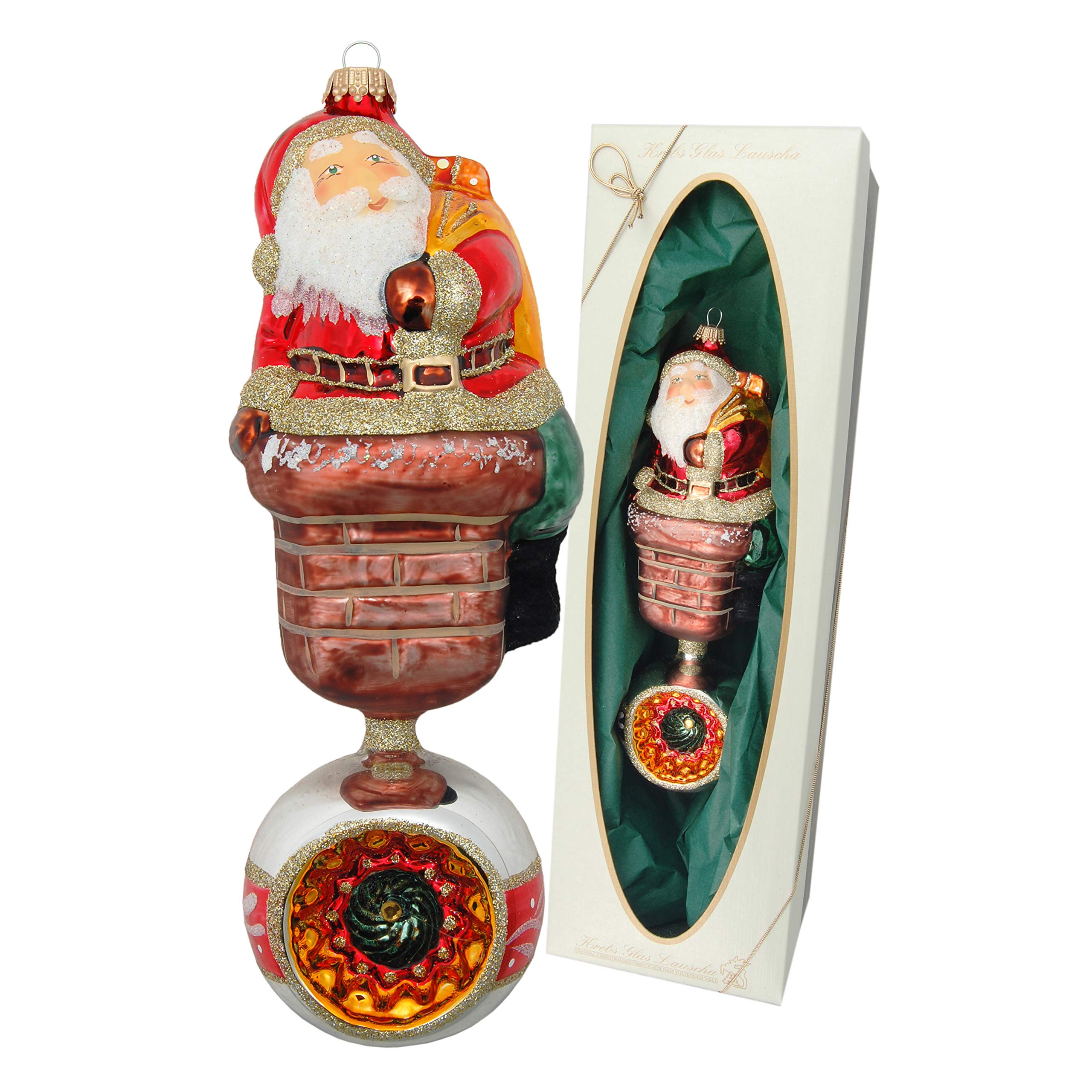 Krebs Glas Lauscha - Christbaumschmuck aus Glas - Doppelform Weihnachtsmann am Kamin mit Reflex - Größe ca. 20 cm - Made in Germany