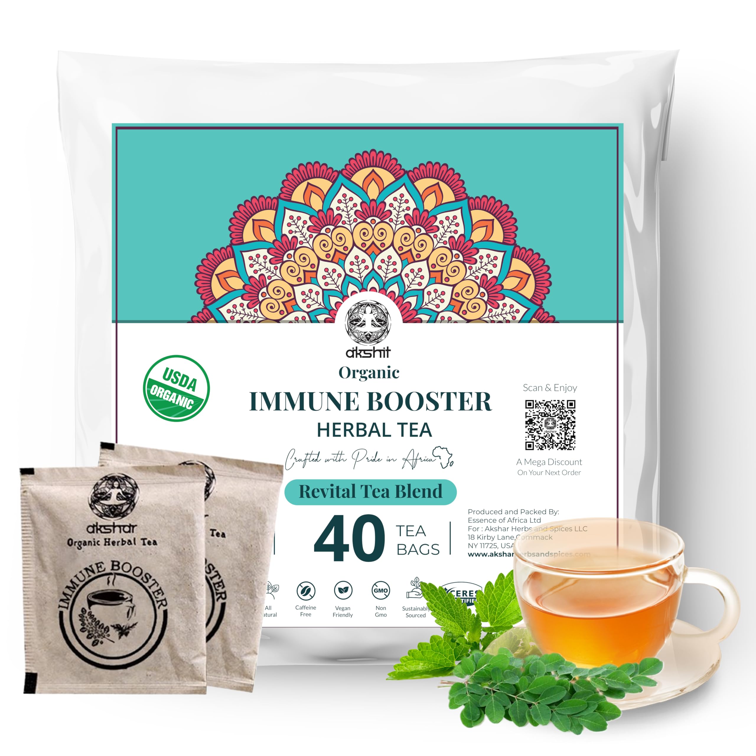 Akshit Immune Support Tea Blend, 40 Tea Bags, With Moringa leaves, Peppermint and Holy Basil Leaf, Natural Immune Boost Tea, Caffeine Free, Herbal Tea. For Both Adults & Kids