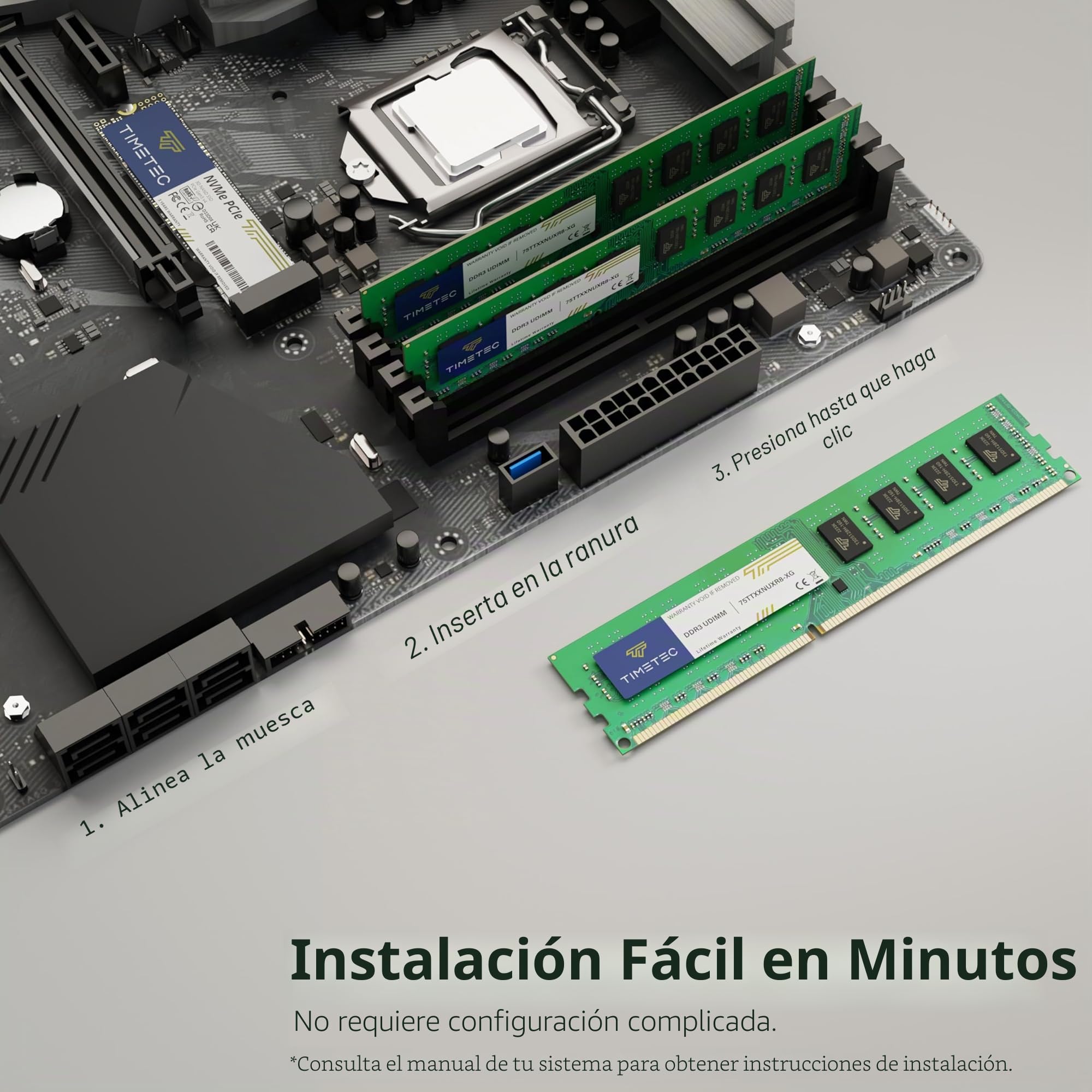 Timetec 16GB Kit(2x8GB) DDR3 1600 MHz (DDR3-1600) PC3-12800 (PC3-12800U) no ECC sin búfer 1.5 V CL11 2Rx8 Dual Rank 240 Pines UDIMM computadora de Escritorio RAM (SDRAM) módulo